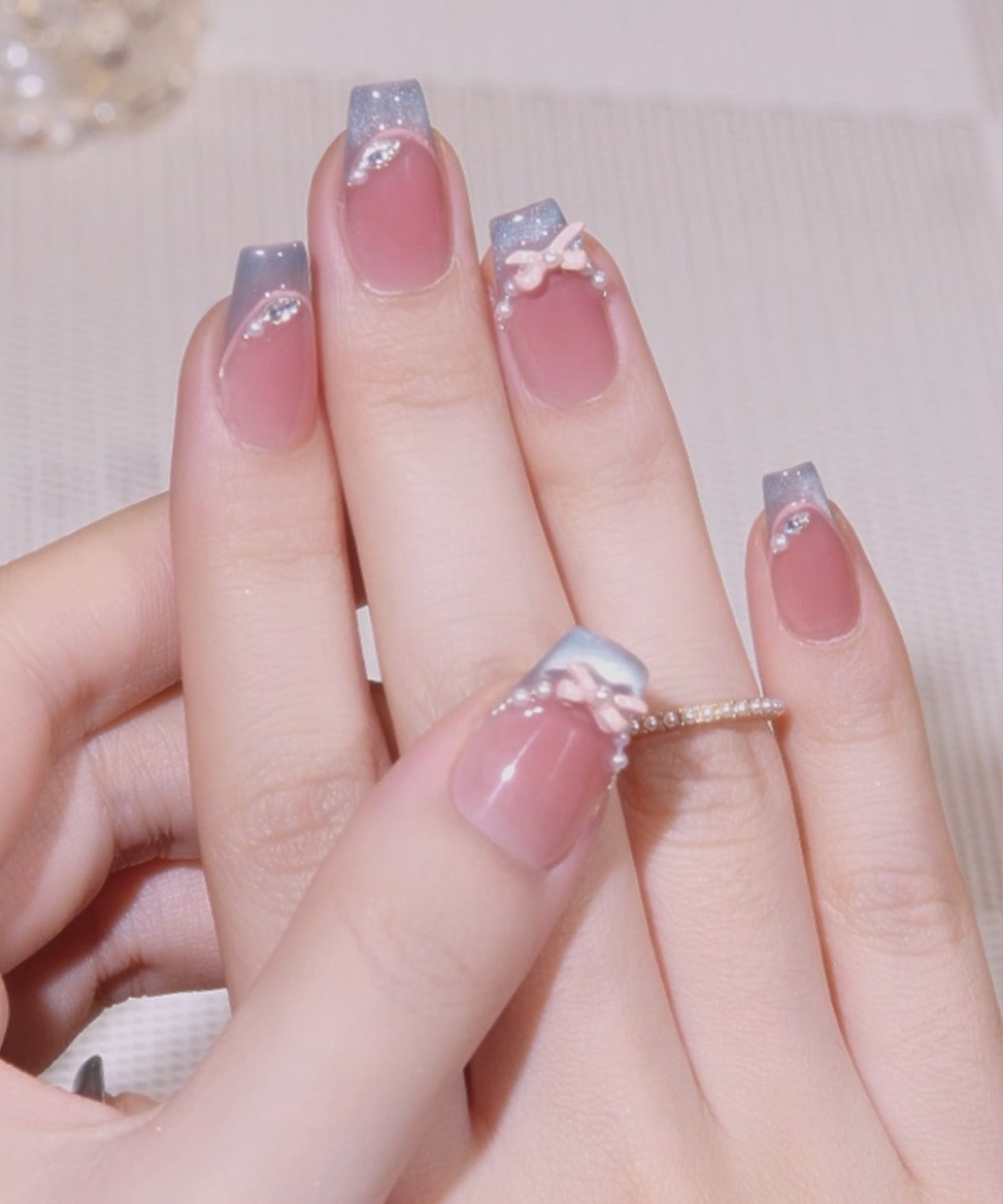 【当日発送】水光ネイルピンクリボンブルーマグネットフレンチバレリーナネイルチップ