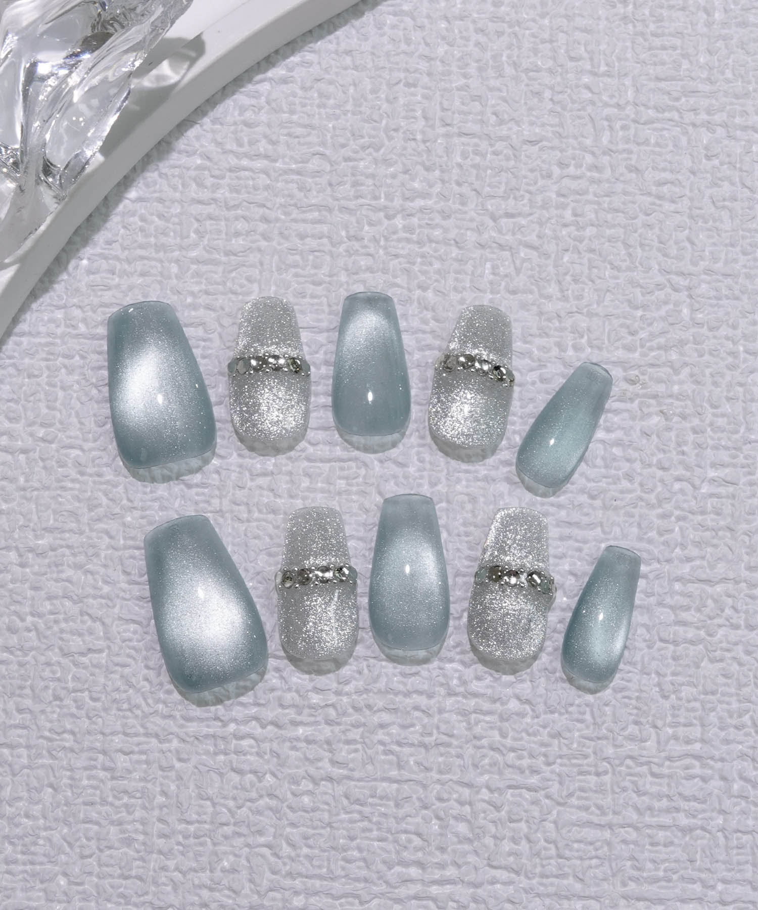 【当日発送】水光ネイルストーンシルバーブルーマグネットバレリーナネイルチップ