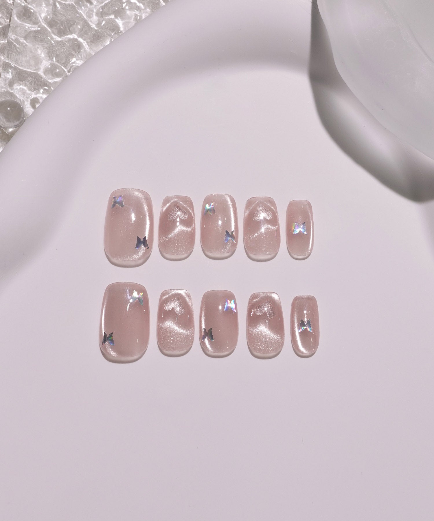 【当日発送】水光ネイルピンクハートマグネットバタフライショートスクエアネイルチップ