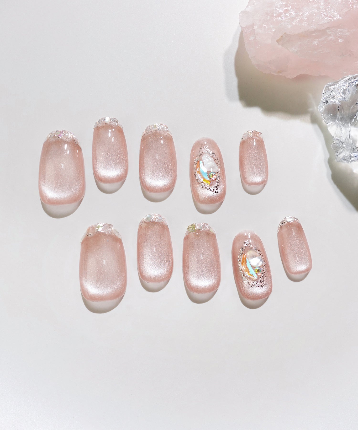 【当日発送】水光ネイルピンクマグネットガラスフレンチシェルストーンオーバルネイルチップ