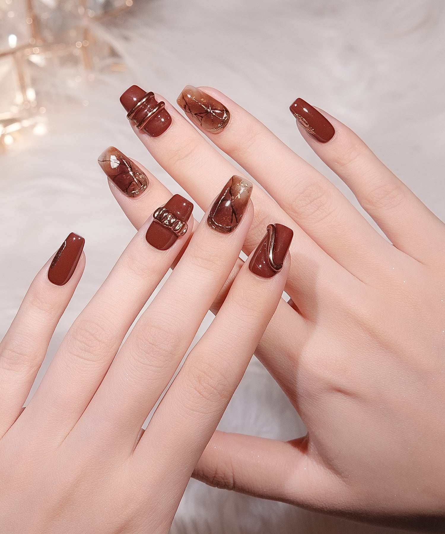 【当日発送】水光ネイルダークレッドマーブルゴールドミラーホログラムバレリーナネイルチップ
