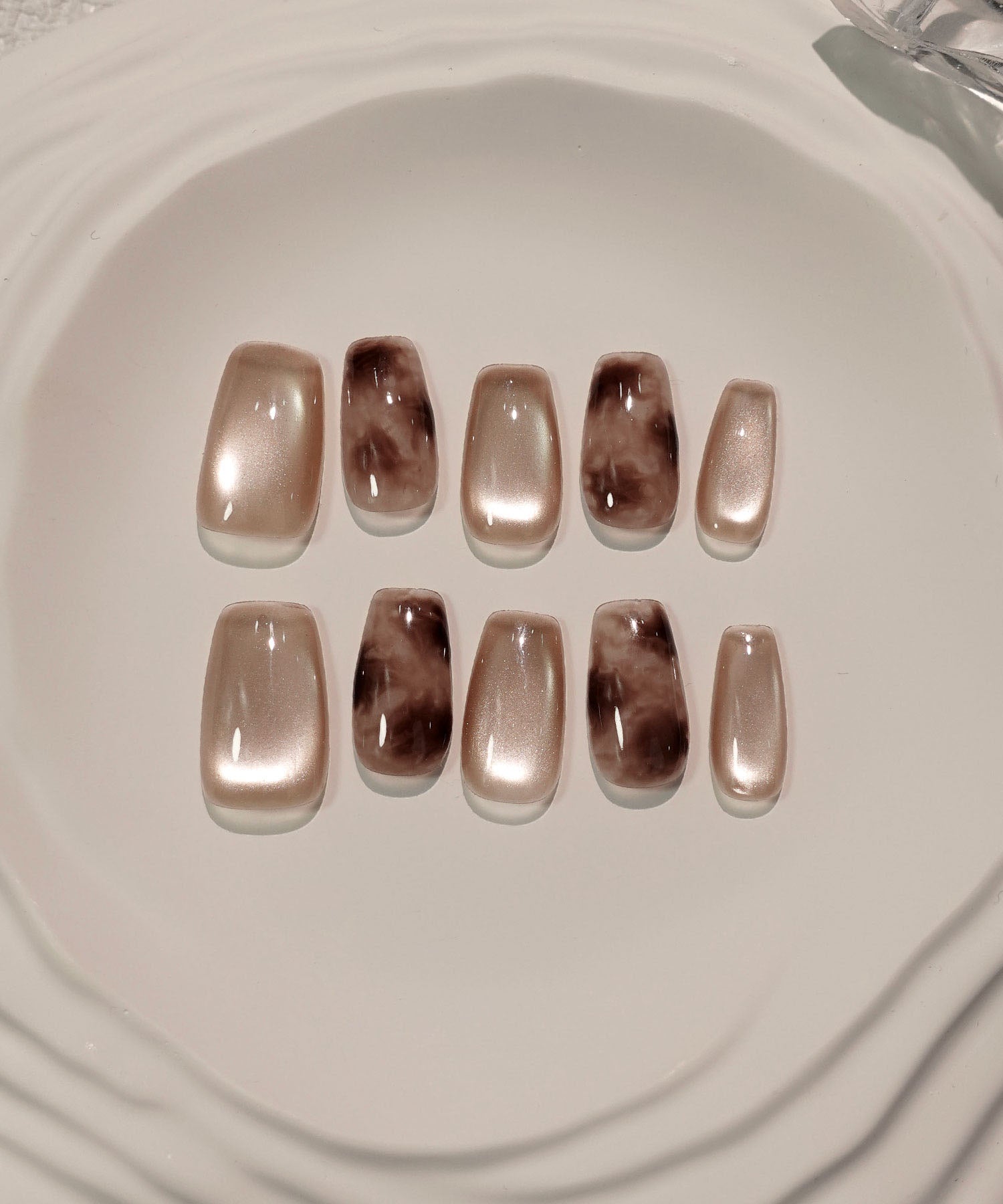 【当日発送】水光ネイルピンクブラウンニュアンスタイダイスクエアネイルチップ