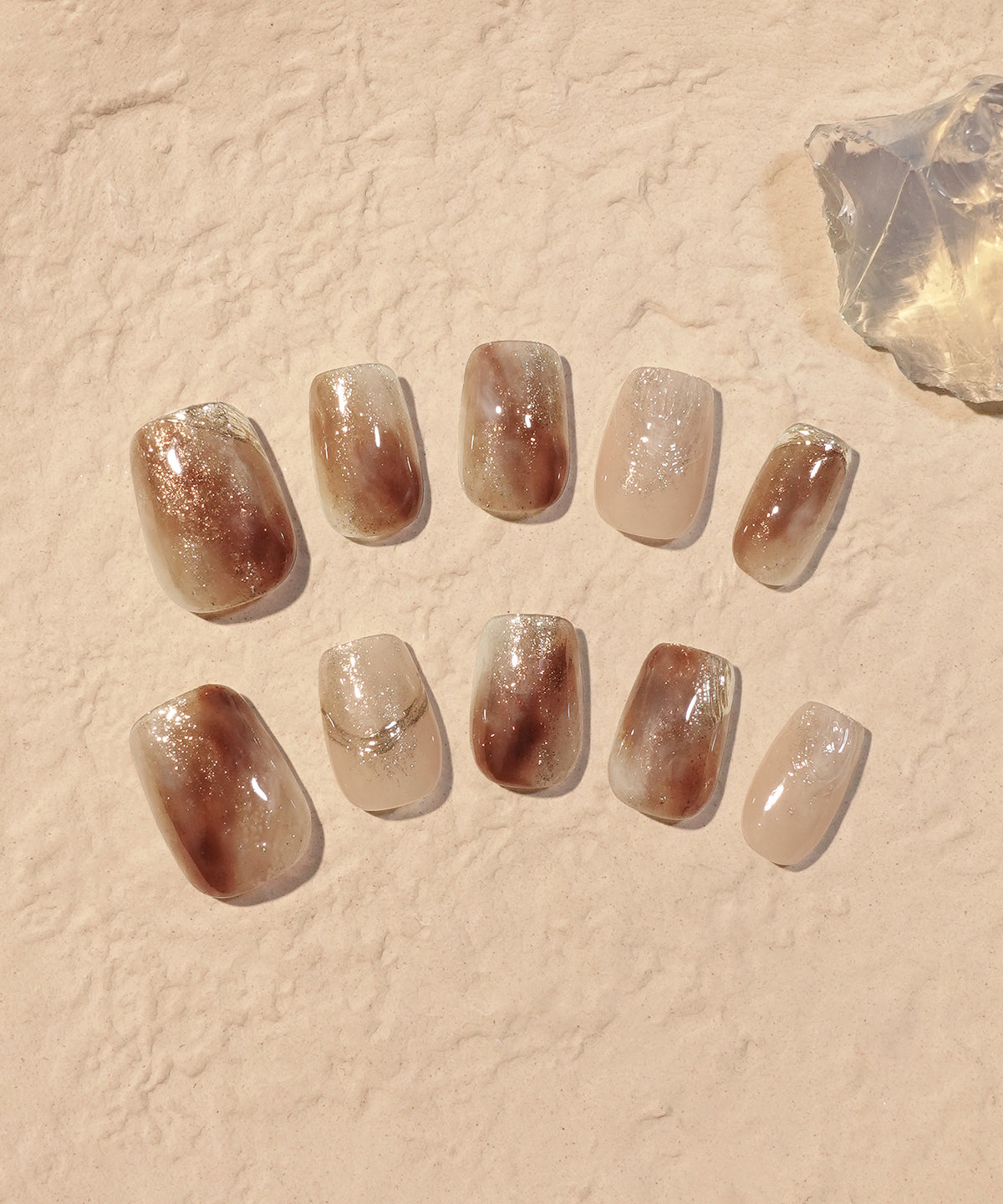 【LUMINE Pre-sale!!】Available 9/17, In stores 9/14 (LJNT424535) 【COMING SOON】Water-glossy nail, brown marble, nuance gold mirror art, glitter, short square nail tips