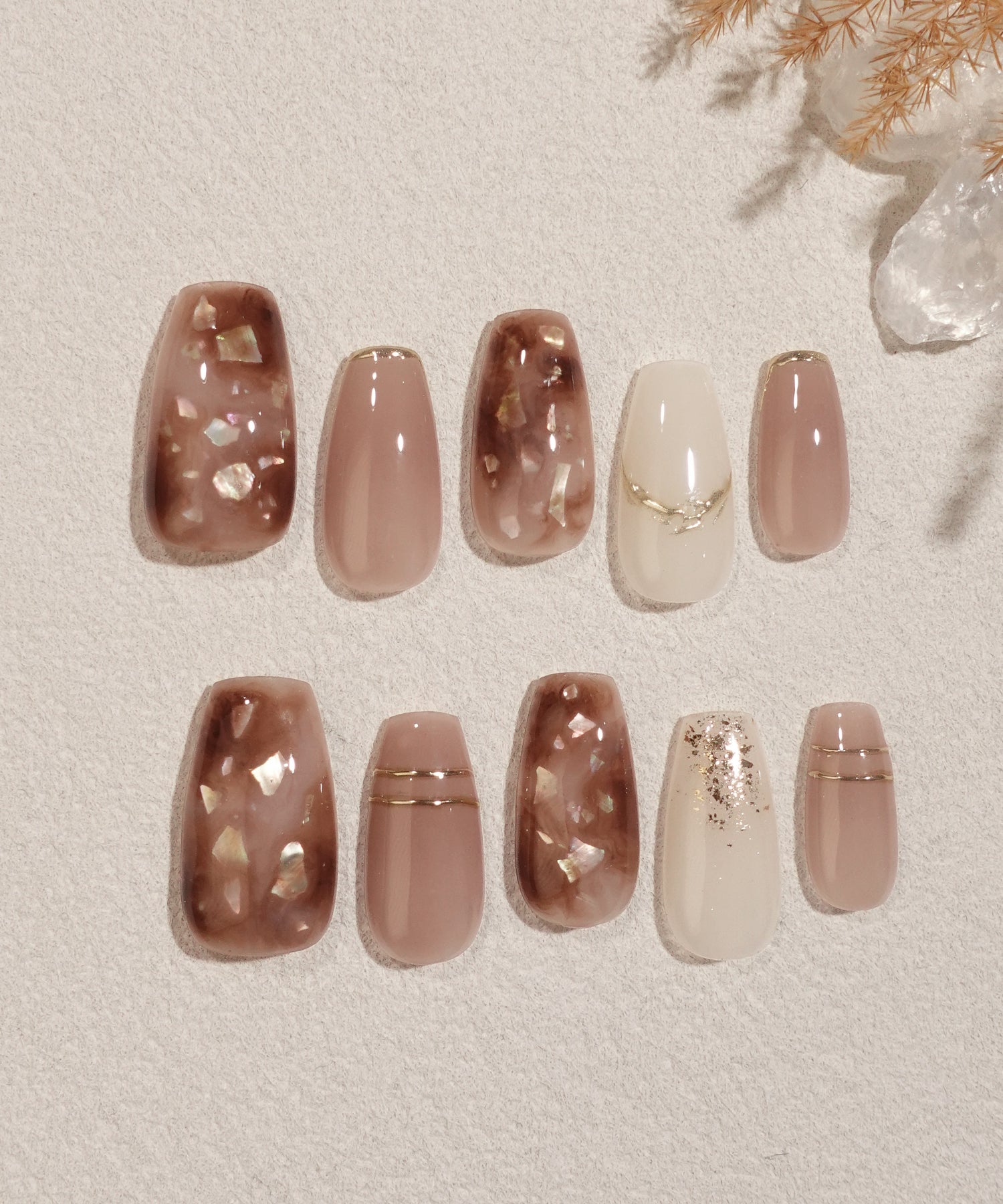 予約販売】水光ネイルブラウンマーブルシェルラゴールドインバレリーナ