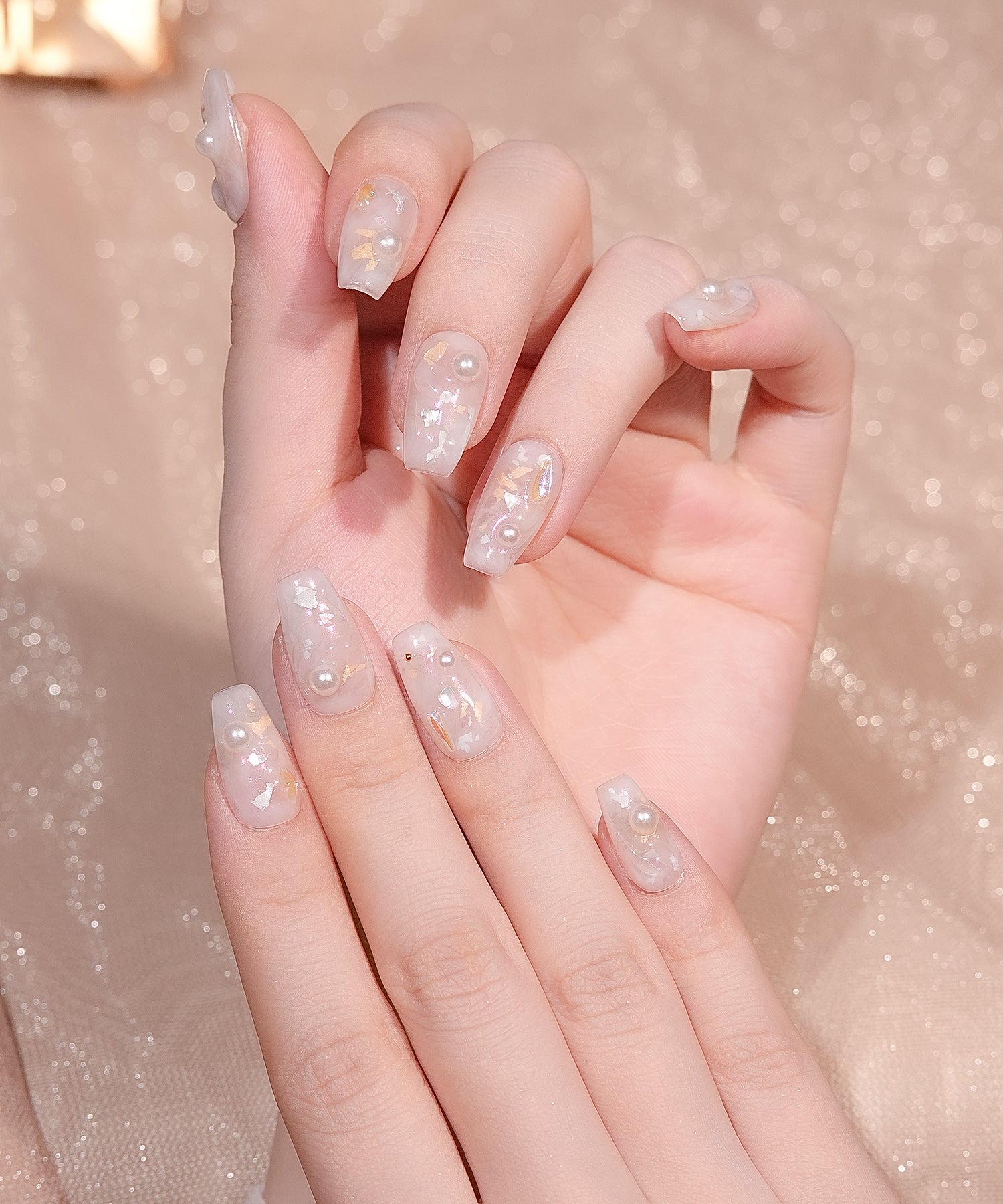 【当日発送】水光ネイルシアーホワイトベースホログラムパールバレリーナネイルチップ