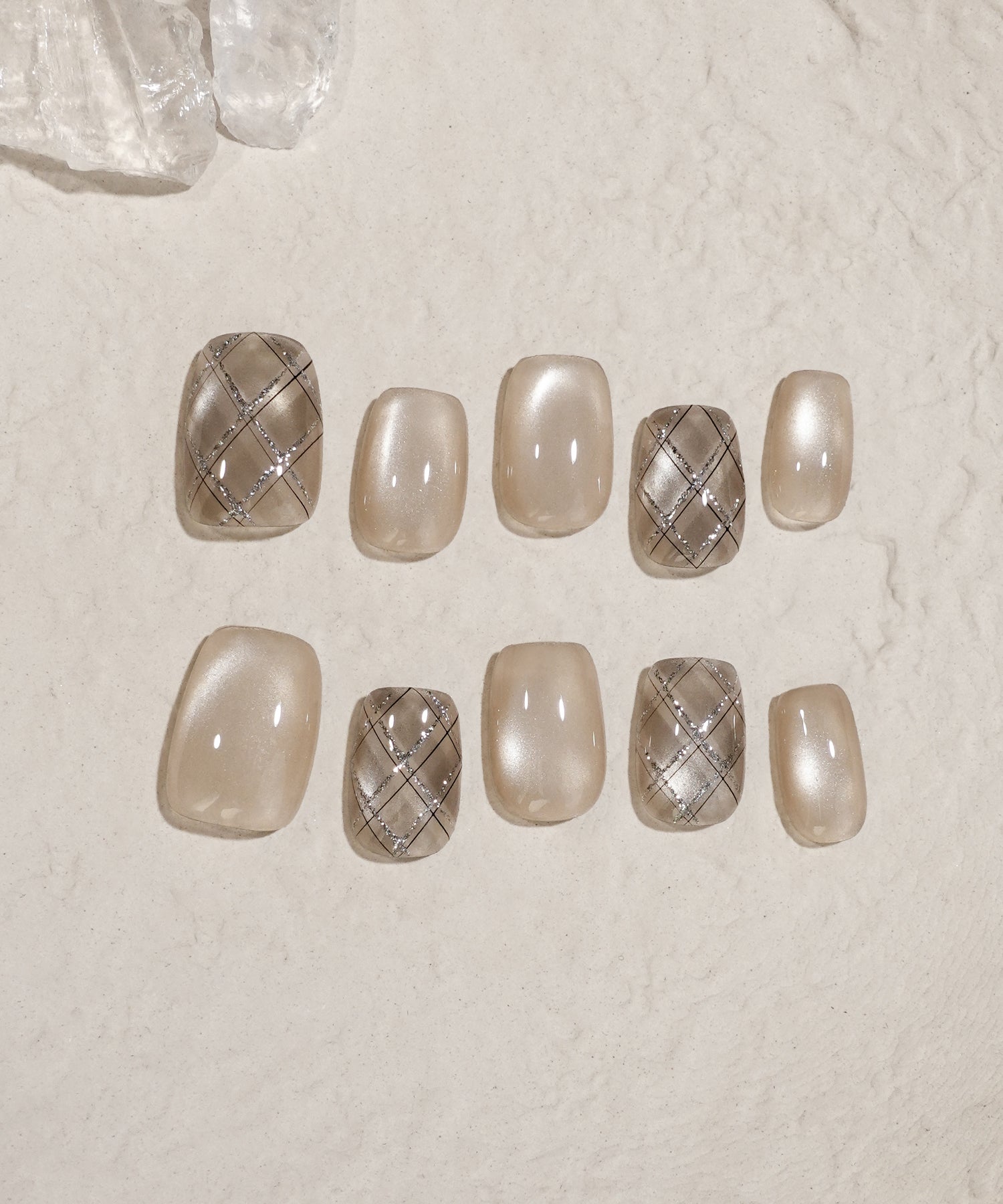 【当日発送】水光ネイルベージュマグネットグレーアーガイルショートスクエアネイルチップ