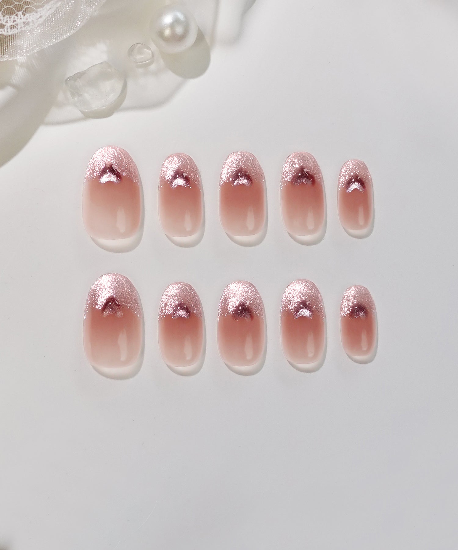 【一部当日発送】水光ネイルピンクチークマグネットフレンチハートオーバルネイルチップ