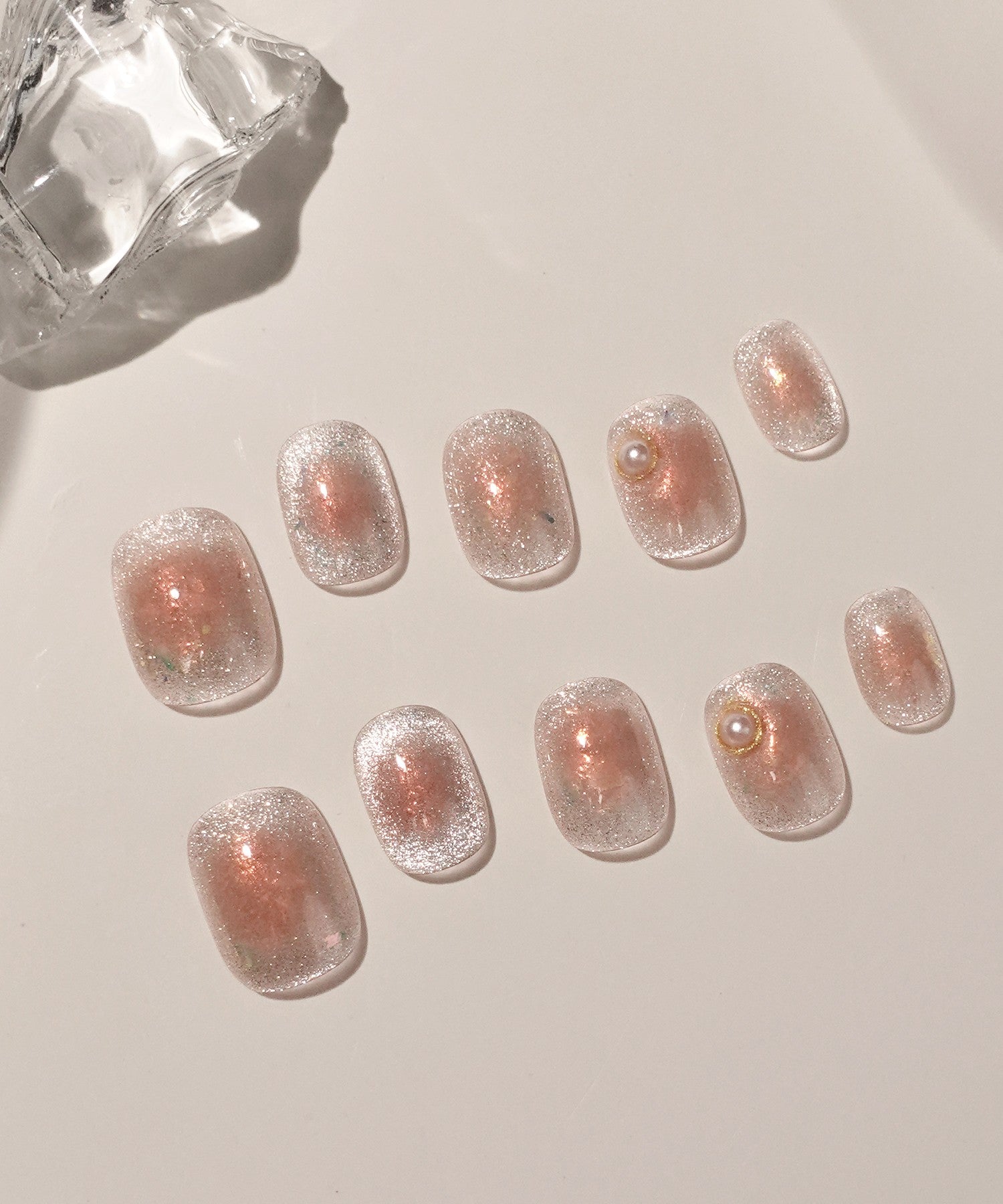 【当日発送】水光ネイルオレンジチークマグネットホログラムパールショートラウンドネイルチップ