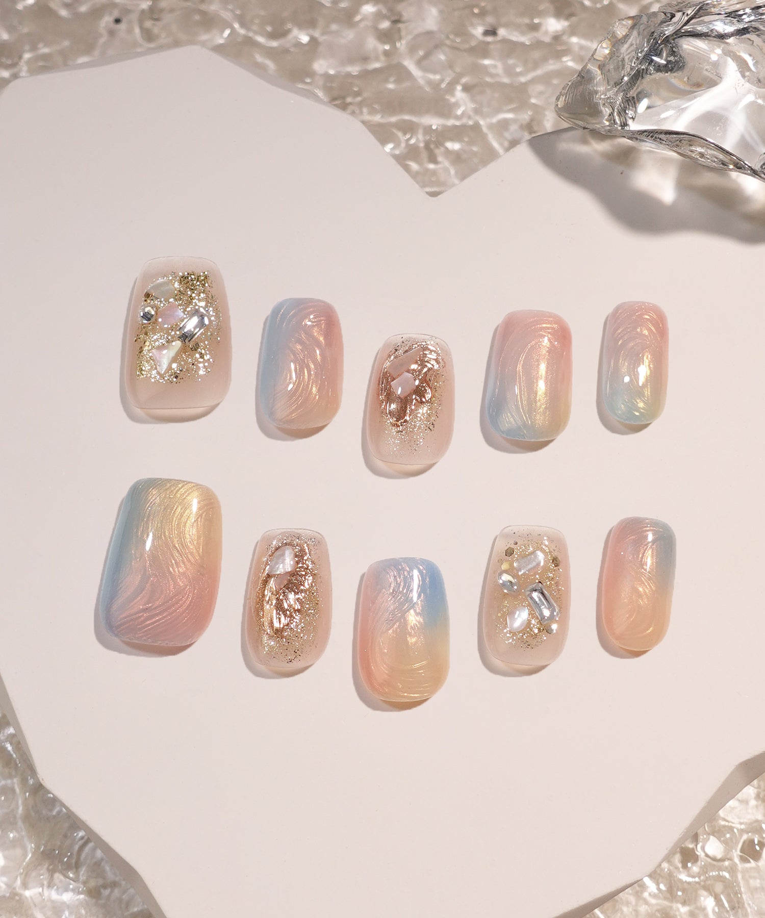 【当日発送】水光ネイルオーロラウェーブニュアンスミラーシェルホロショートスクエアネイルチップ