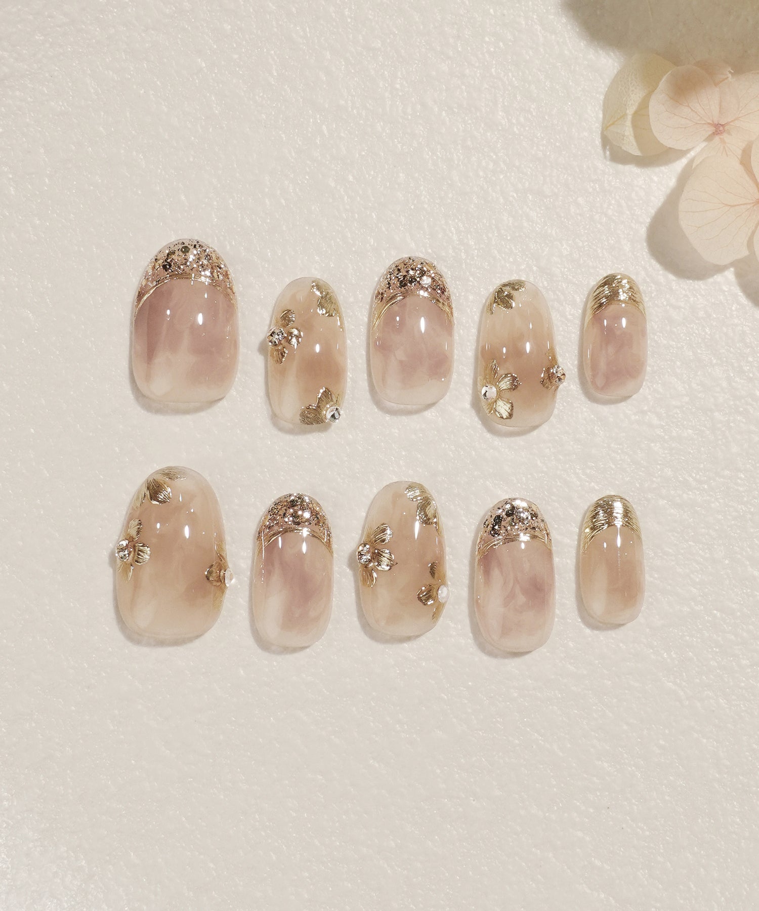 予約販売】水光ネイルベージュニュアンスフラワーゴールドミラー