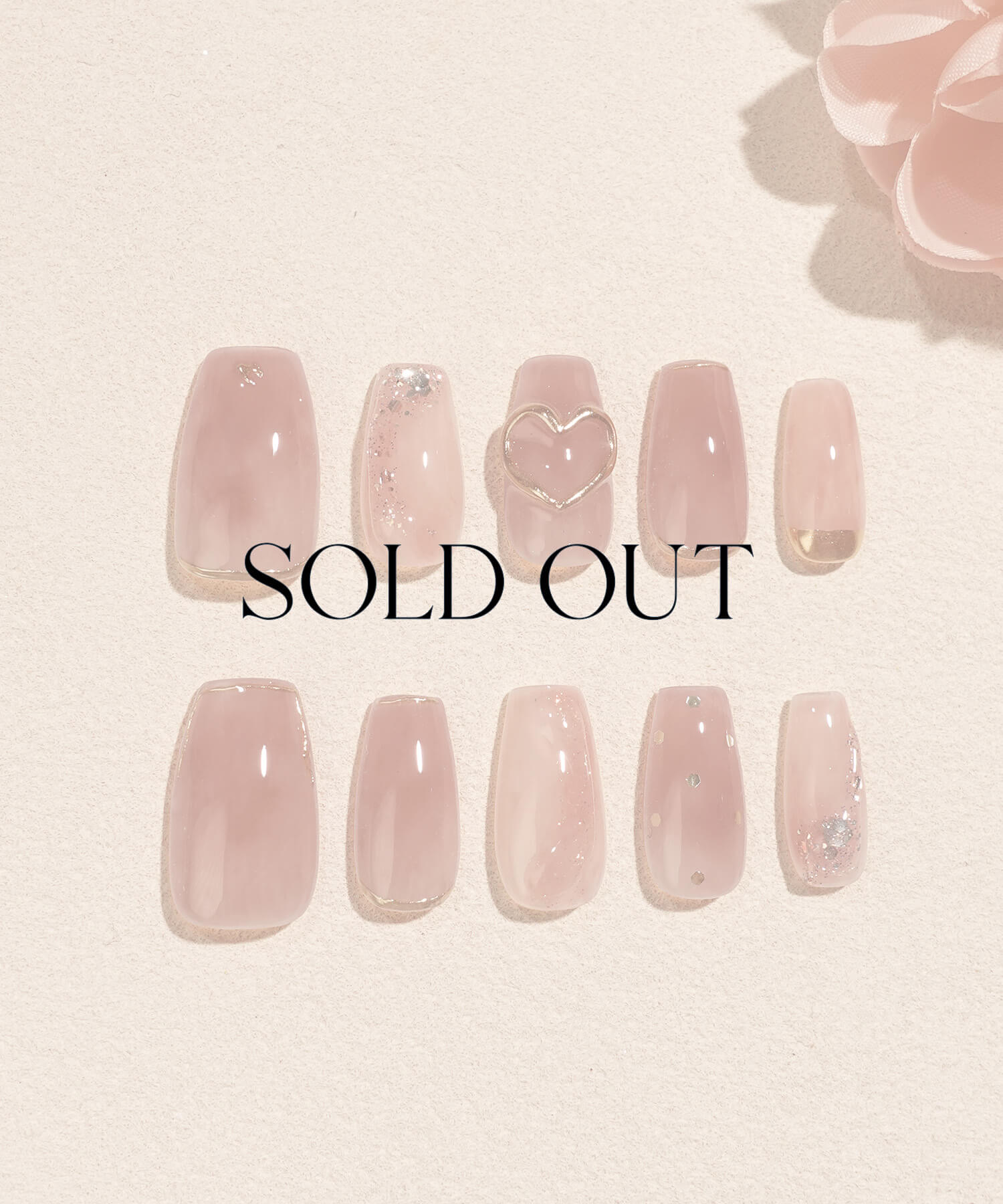 【SOLD OUT】水光ネイルコーラルオレンジマーブルハートモチーフゴールドミラーラメホロバレリーナネイルチップ