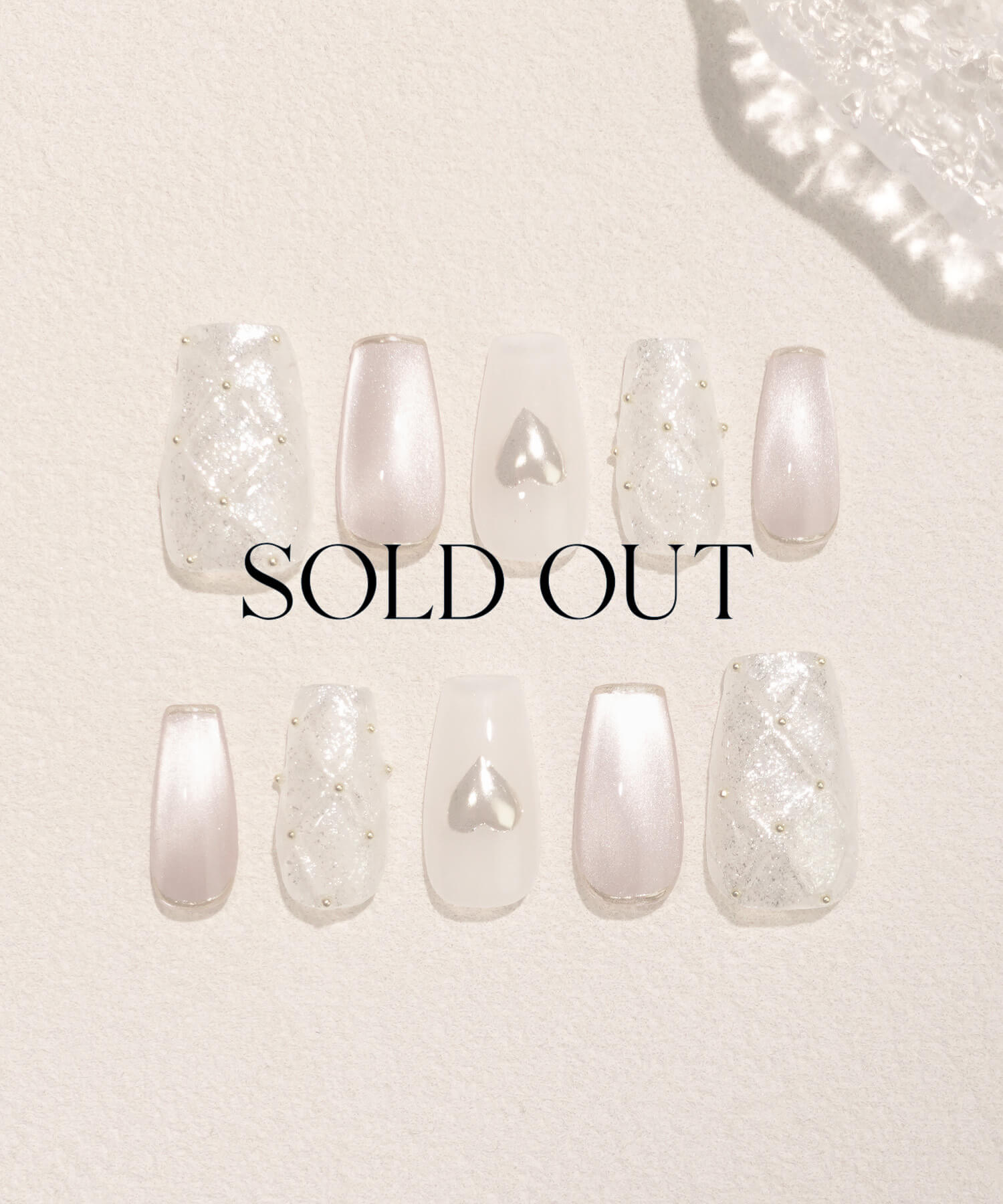 【SOLD OUT】水光ネイルミルキーホワイトキルティングゴールドミラーハートバレリーナネイルチップ
