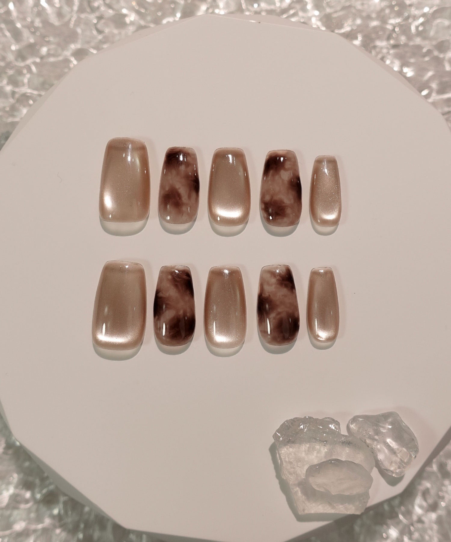 【当日発送】水光ネイルピンクブラウンニュアンスタイダイスクエアネイルチップ