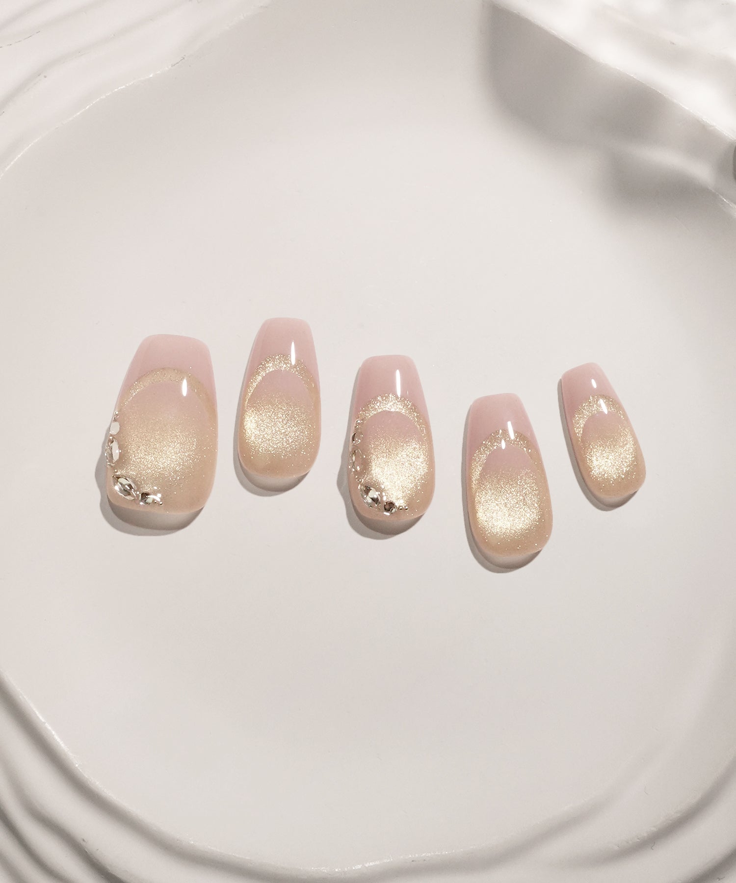 【COMING SOON】水光ネイルピンクダブルフレンチシャンパンマグネットビジューストーンバレリーナネイルチップ
