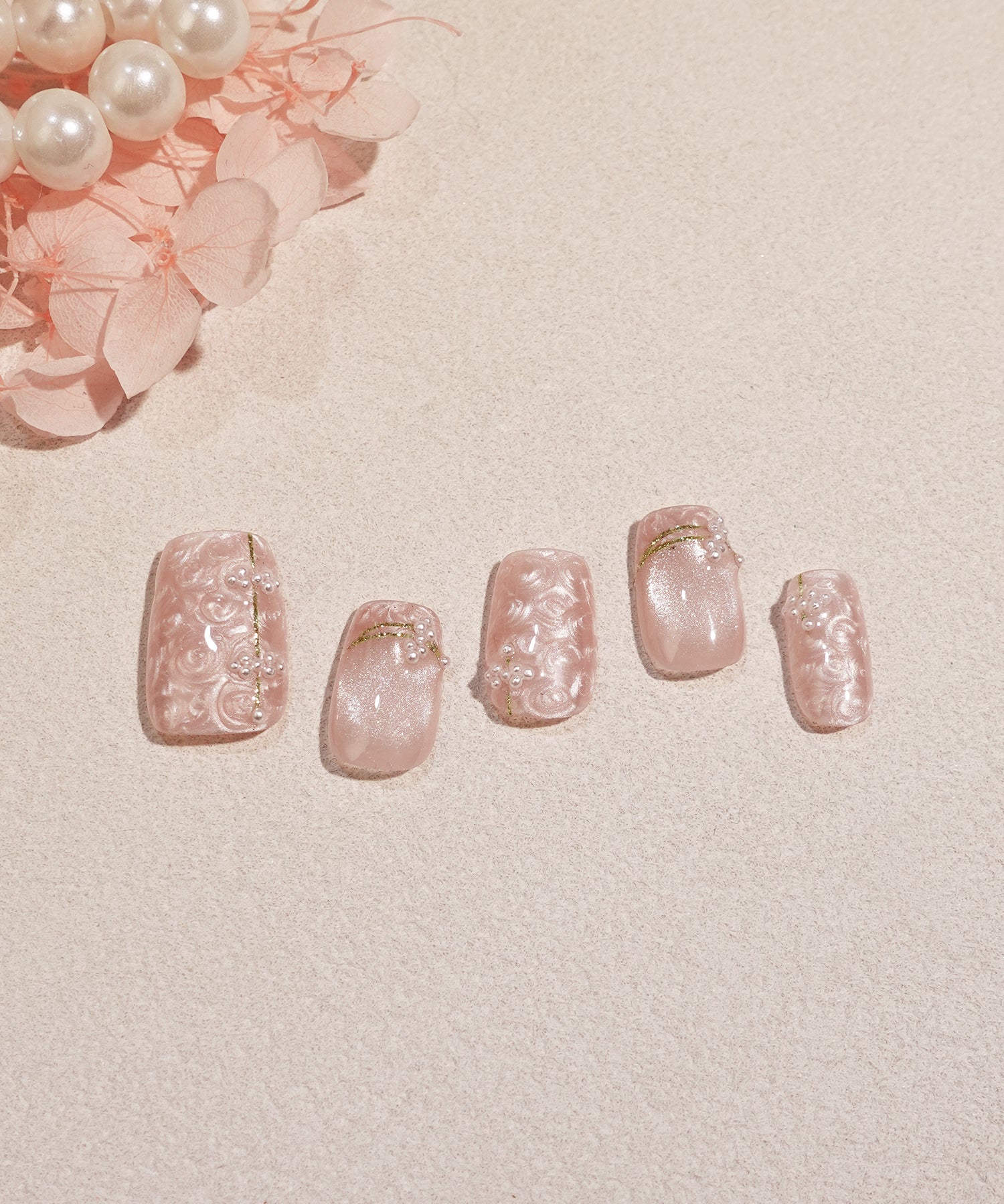 【一部当日発送】水光ネイルピンクマグネットジェムストーンパールアートショートスクエアネイルチップ