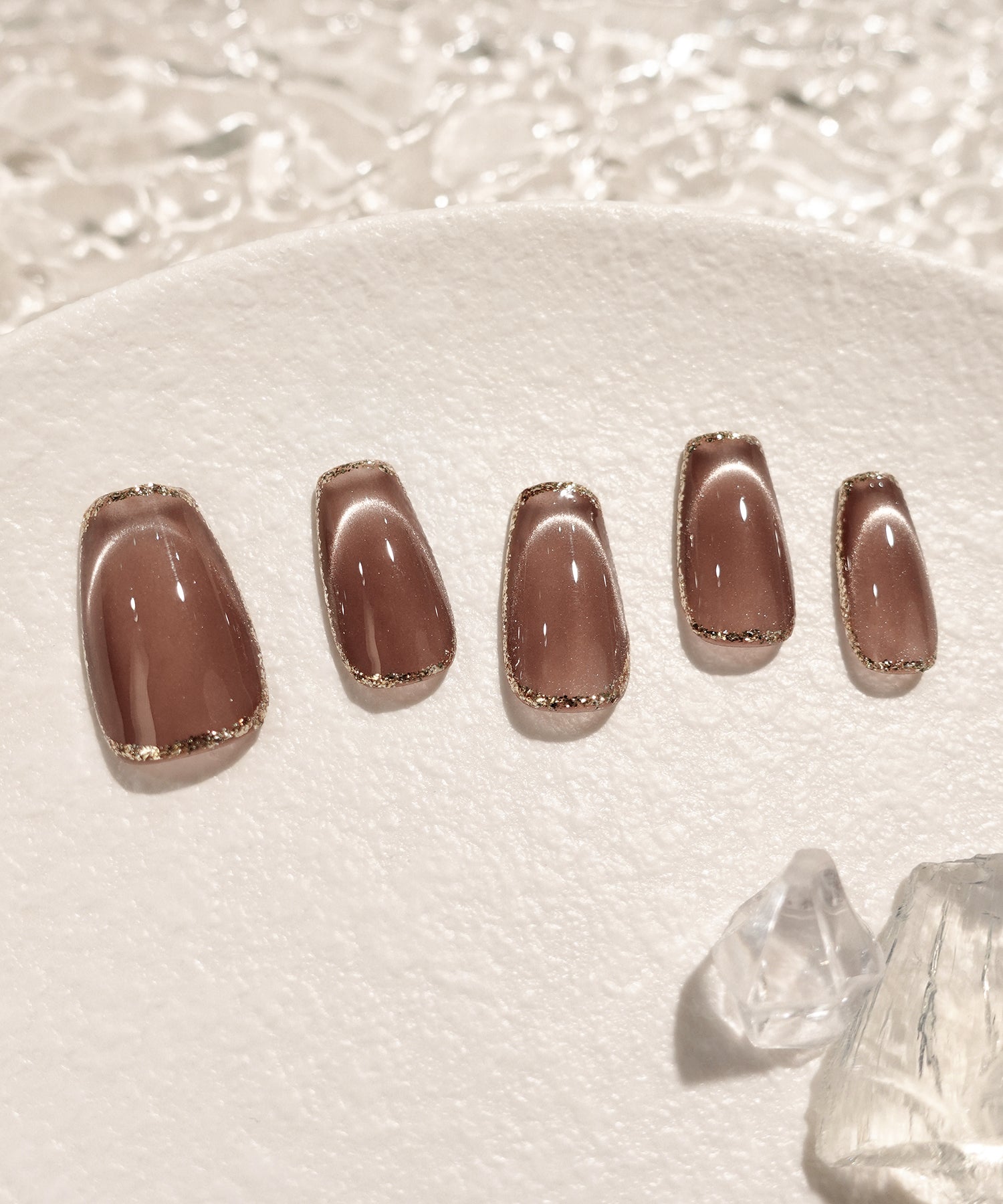 【一部当日発送】水光ネイルブラウンマグネットゴールドフレームバレリーナネイルチップ