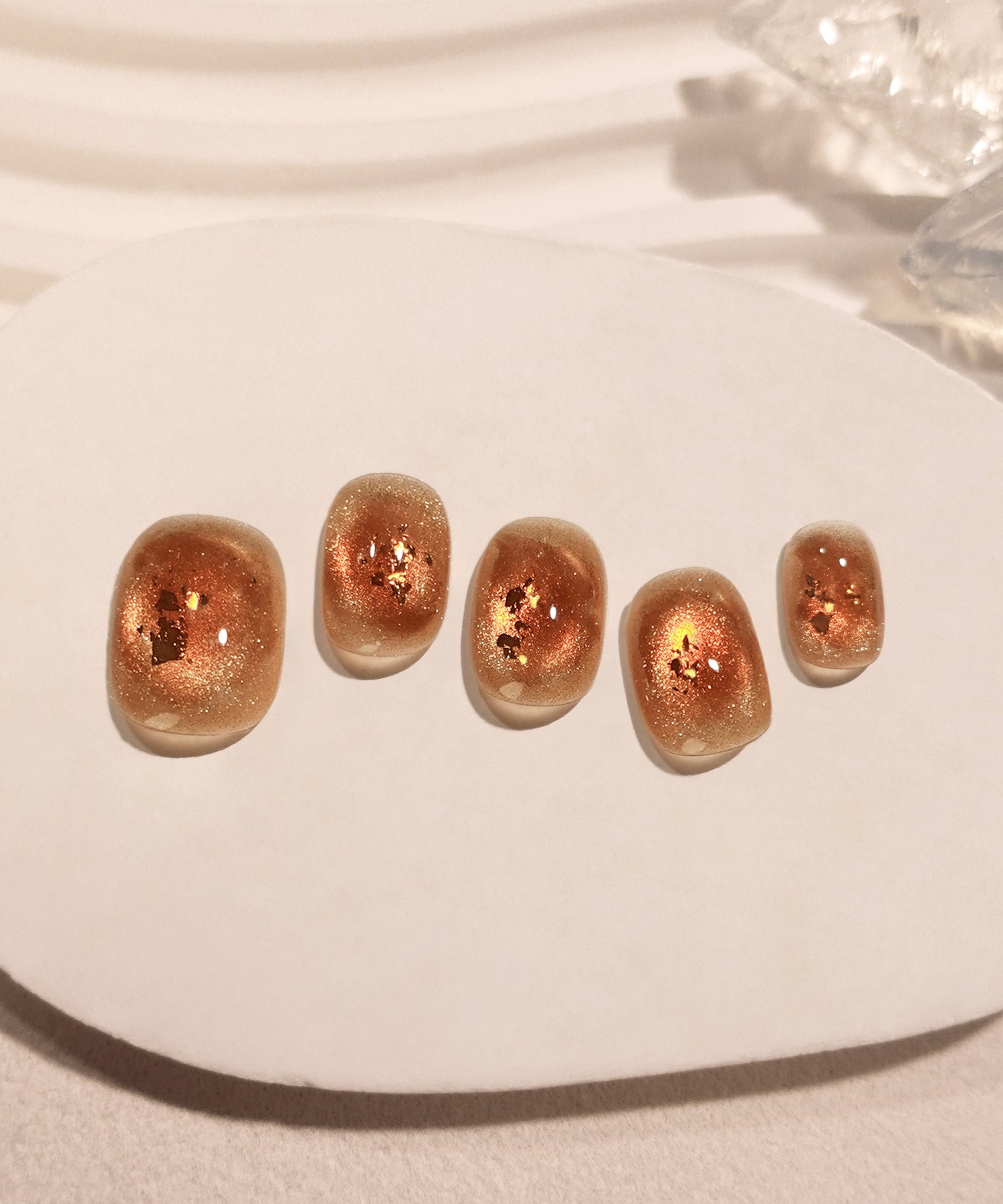 【COMING SOON】水光ネイルブラウンオレンジマグネットニュアンスホイルショートラウンドネイルチップ