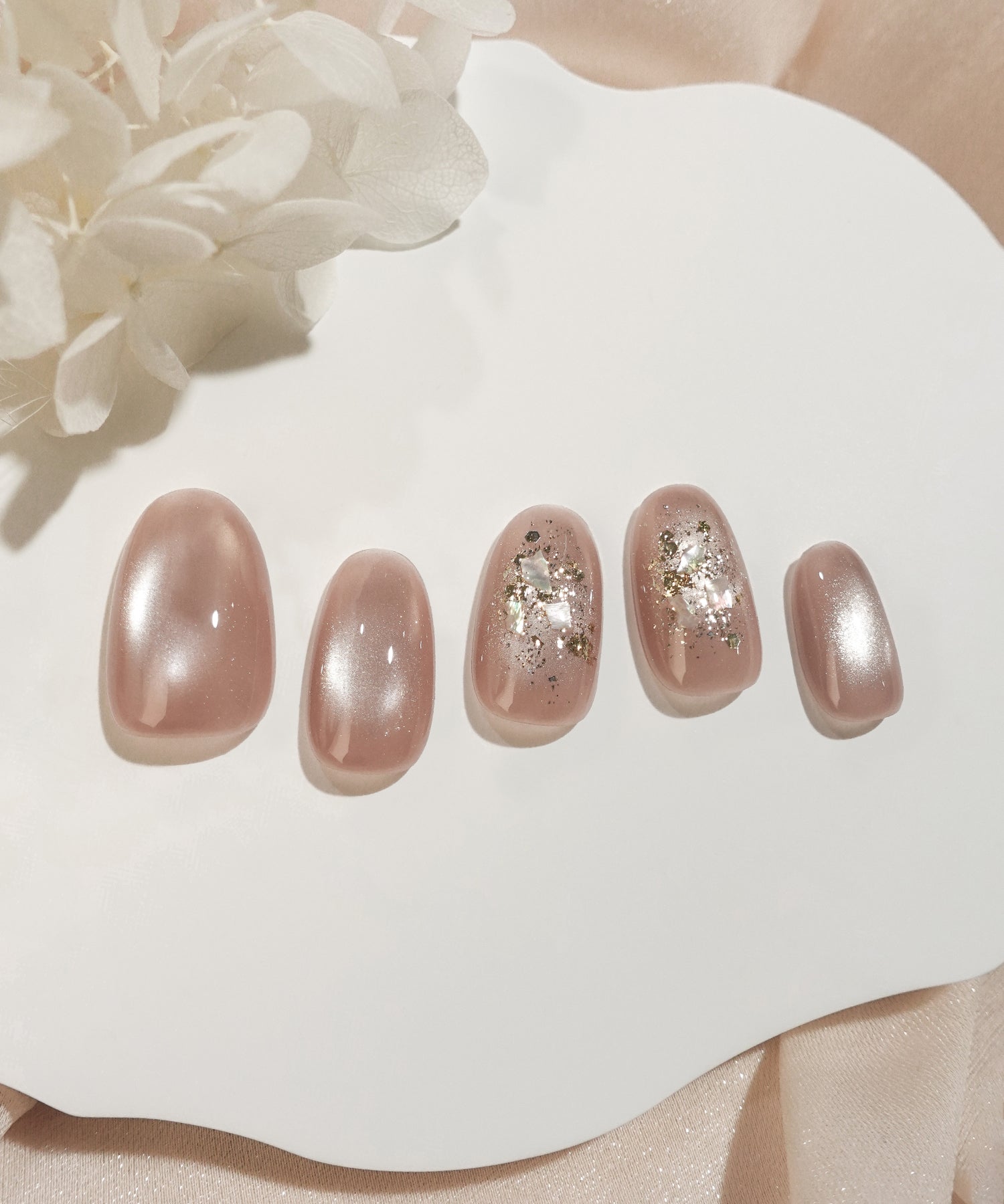 【当日発送】水光ネイルピンクマグネットゴールドホイルシェルオーバルネイルチップ