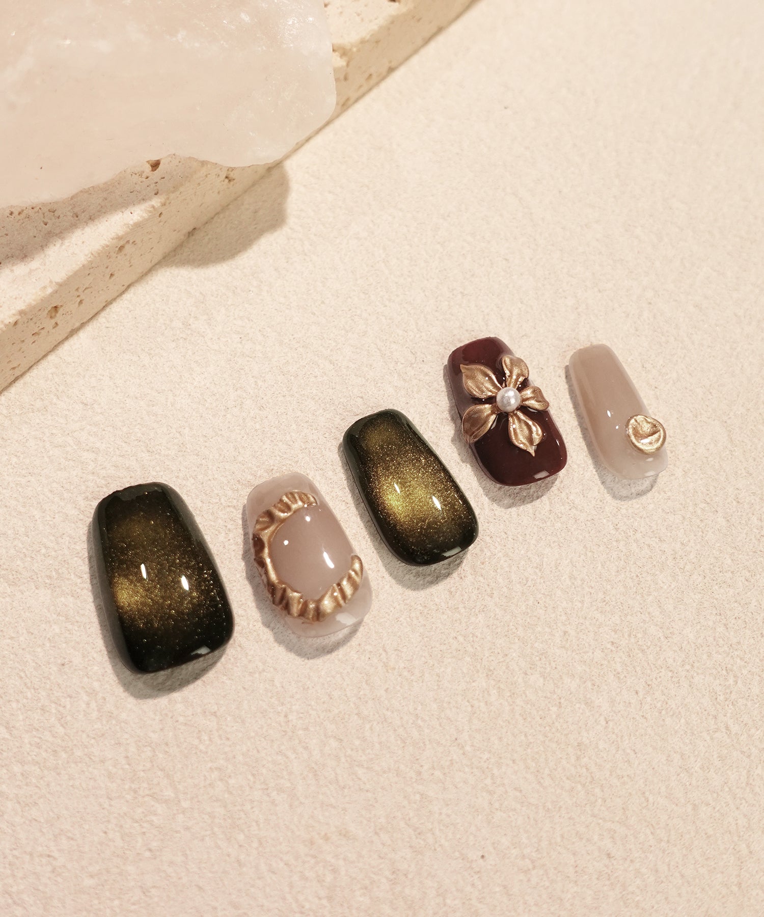 【当日発送】水光ネイルブラウンゴールドマグネットフラワーパーツパールスクエアネイルチップ