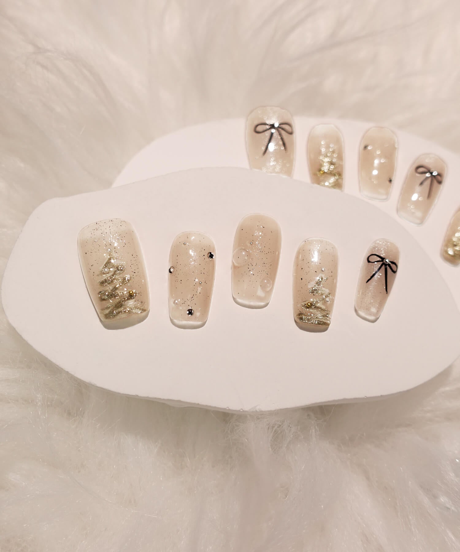 【当日発送】水光ネイルホワイトスノーリボンツリーアートクリスマススクエアネイルチップ