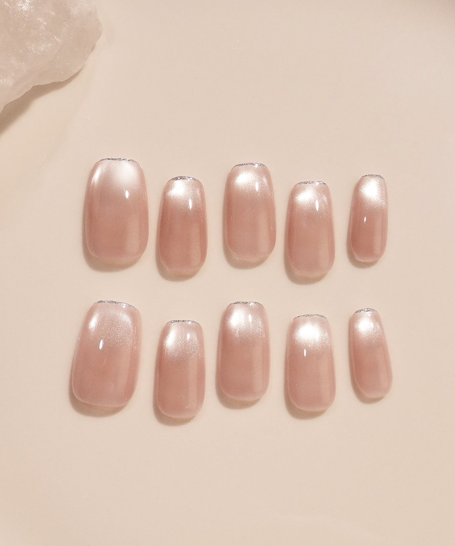 【当日発送】水光ネイルシアーピンクマグネットシルバーラメフレンチスクエアネイルチップ