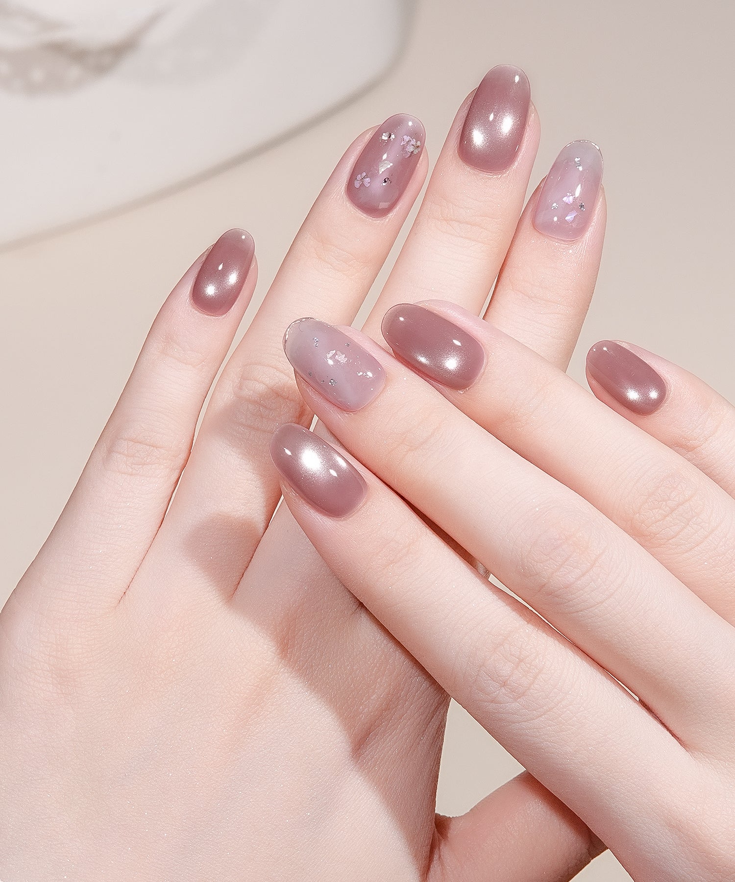 【当日発送】水光ネイルパープルマグネットゴールドミラーラインフラワーライクオーバルネイルチップ