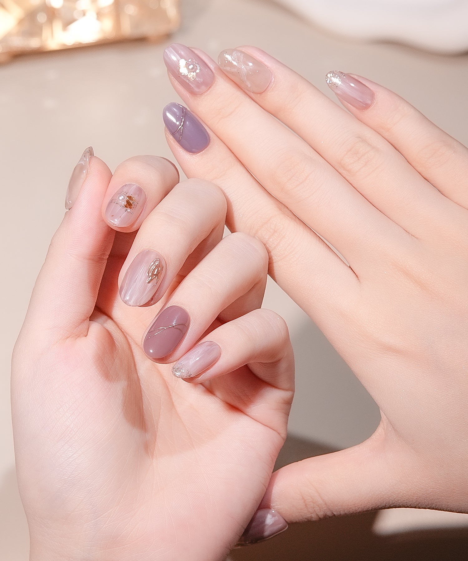 【当日発送】水光ネイルパープルニュアンスゴールドミラーパールオーバルネイルチップ