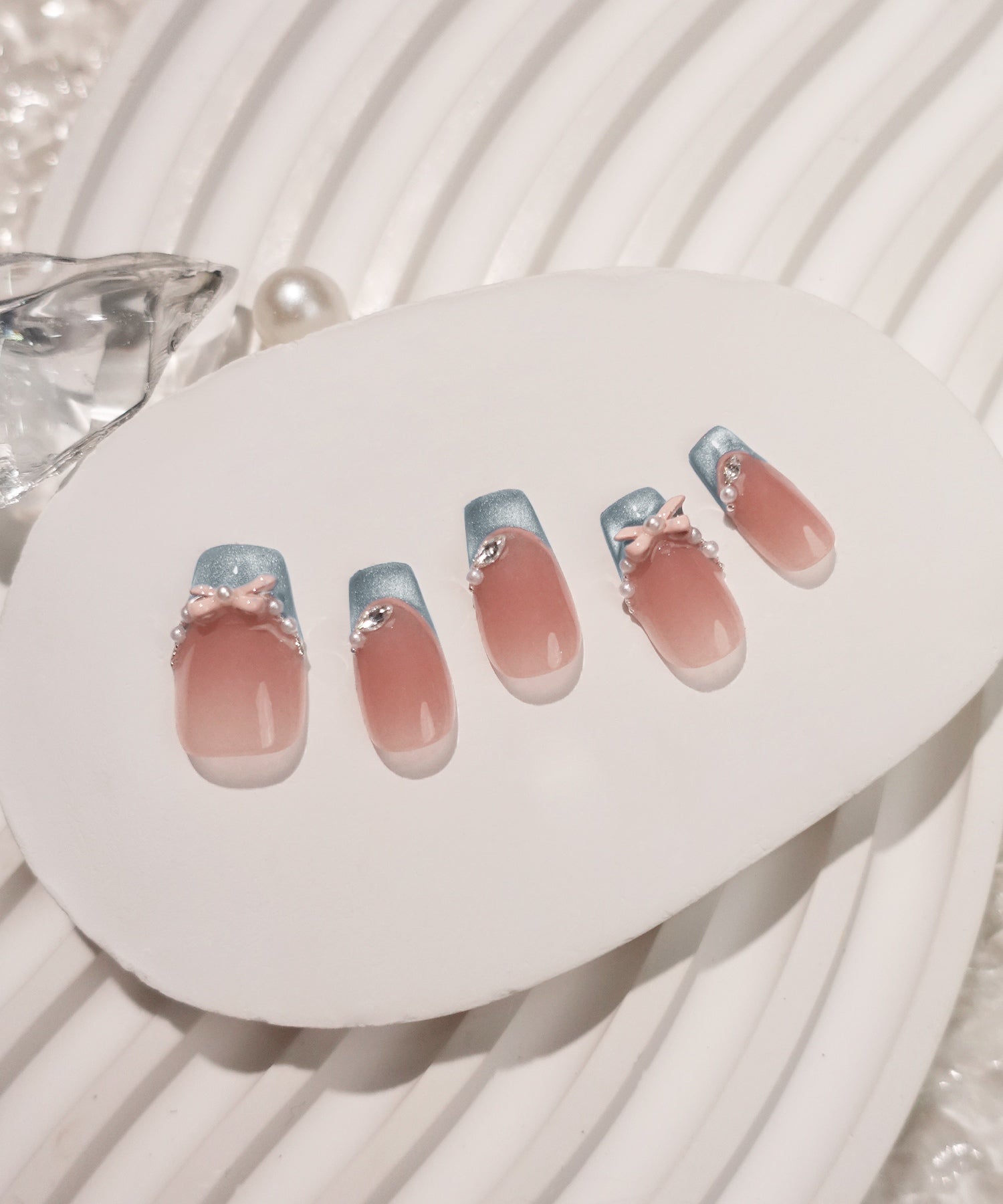 【当日発送】水光ネイルピンクリボンブルーマグネットフレンチバレリーナネイルチップ