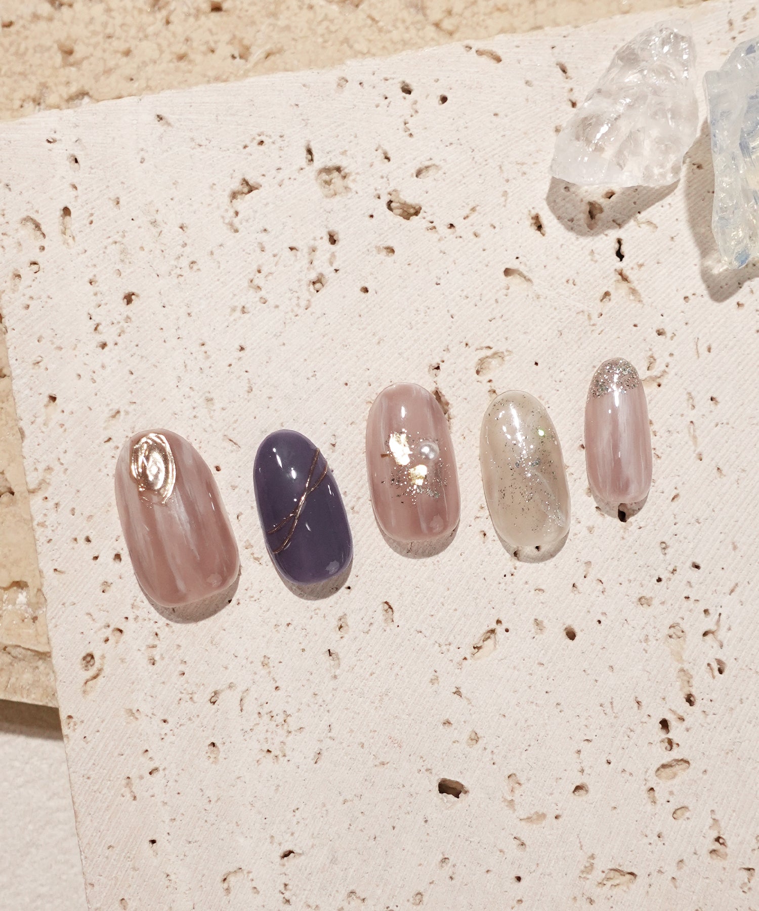 【当日発送】水光ネイルパープルニュアンスゴールドミラーパールオーバルネイルチップ