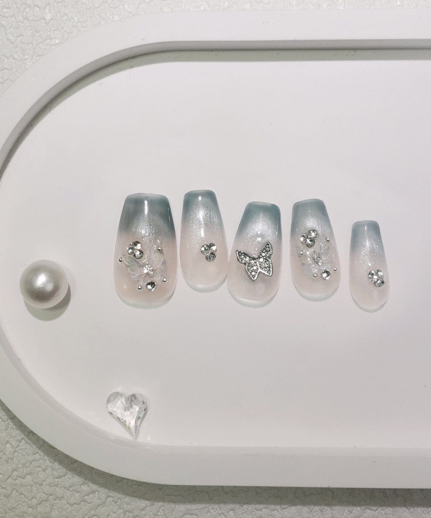 【当日発送】水光ネイルブルーフレンチストーンバタフライバレリーナネイルチップ