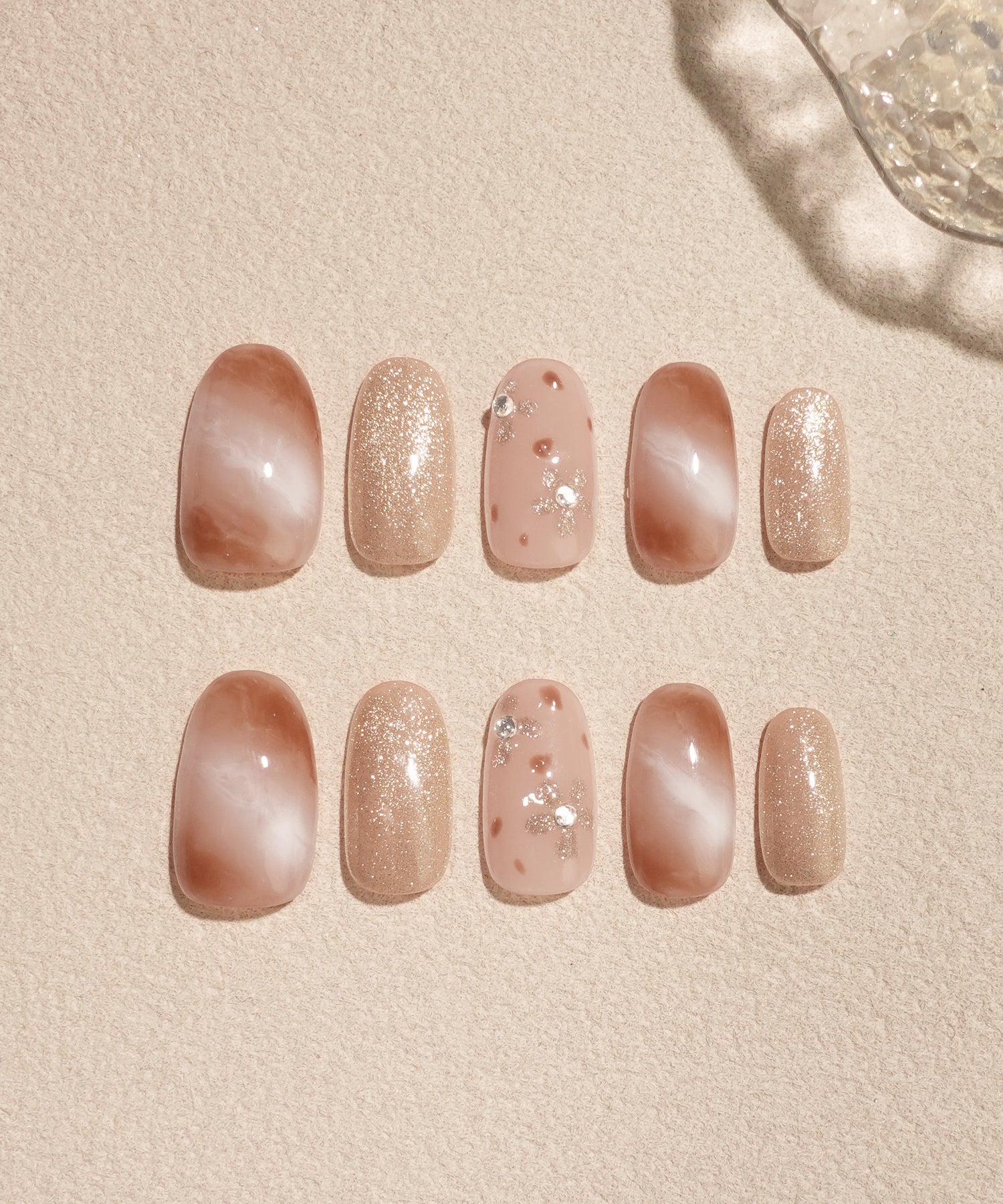 【当日発送】水光ネイルピンクマーブルフラワーアートストーンラメオーバルネイルチップ