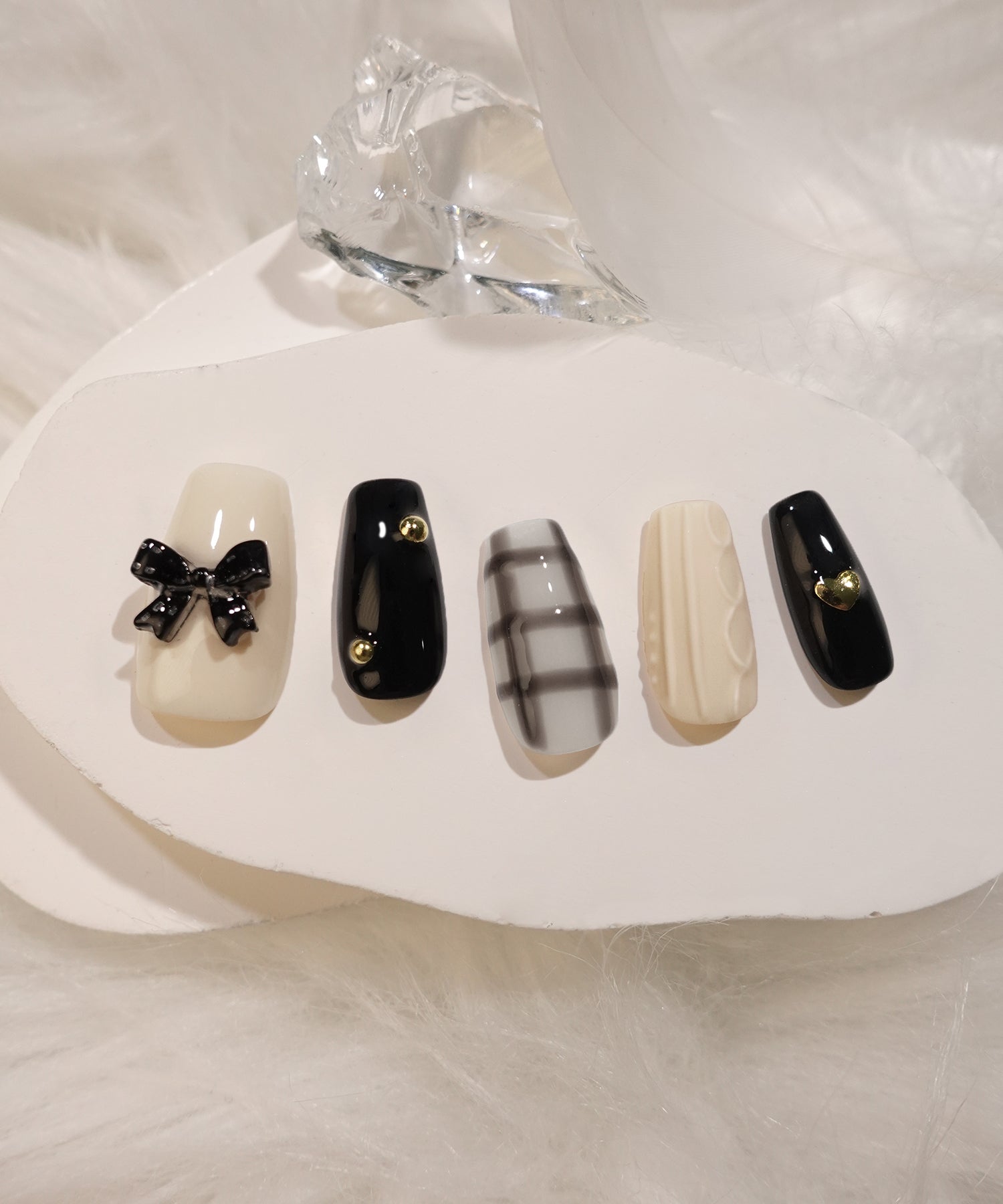 【予約販売】水光ネイルブラックチェックリボンパーツウィンターニットデザインバレリーナネイルチップ