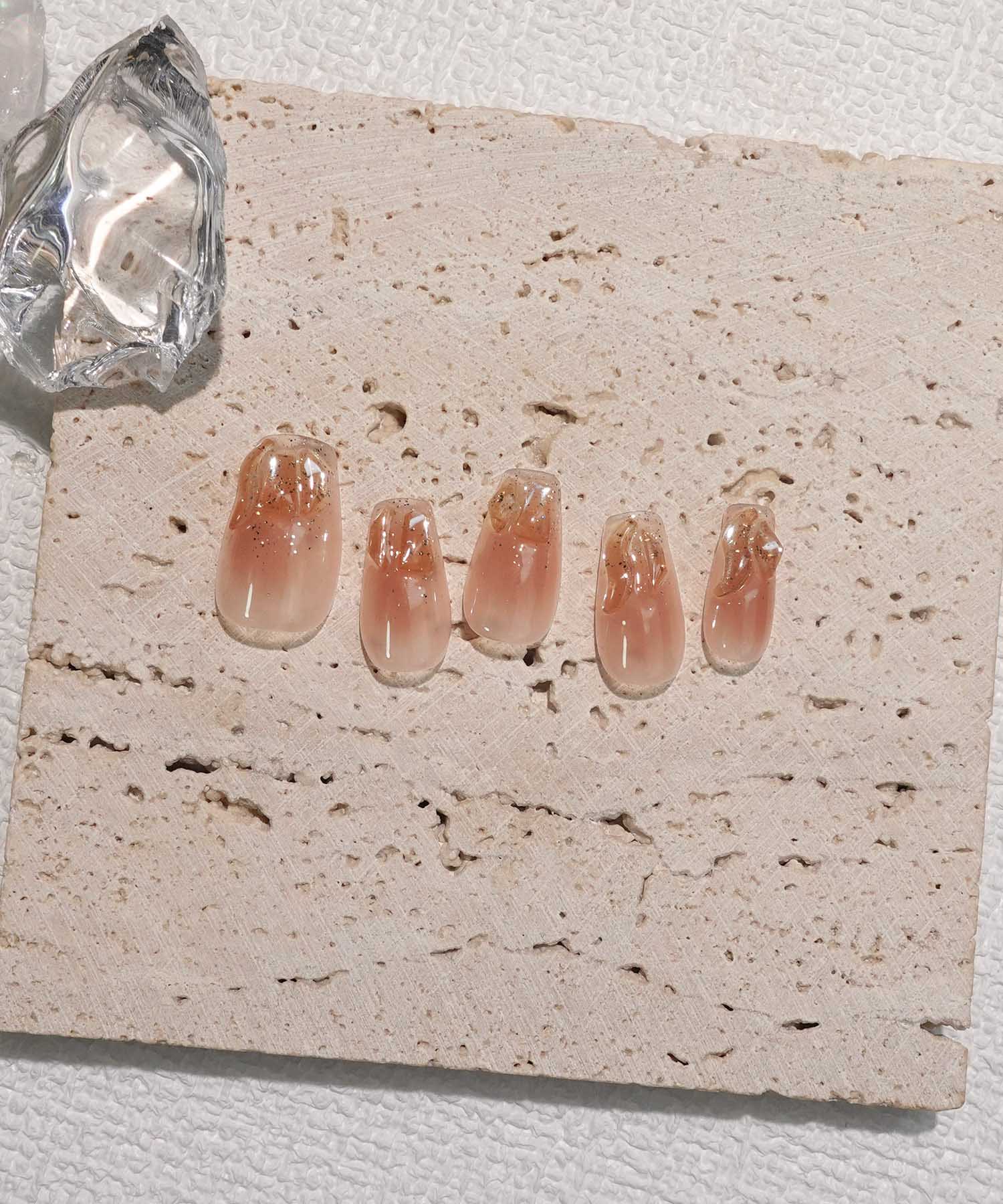 【当日発送】水光ネイルピンクオレンジチークストーンワンホンバレリーナネイルチップ