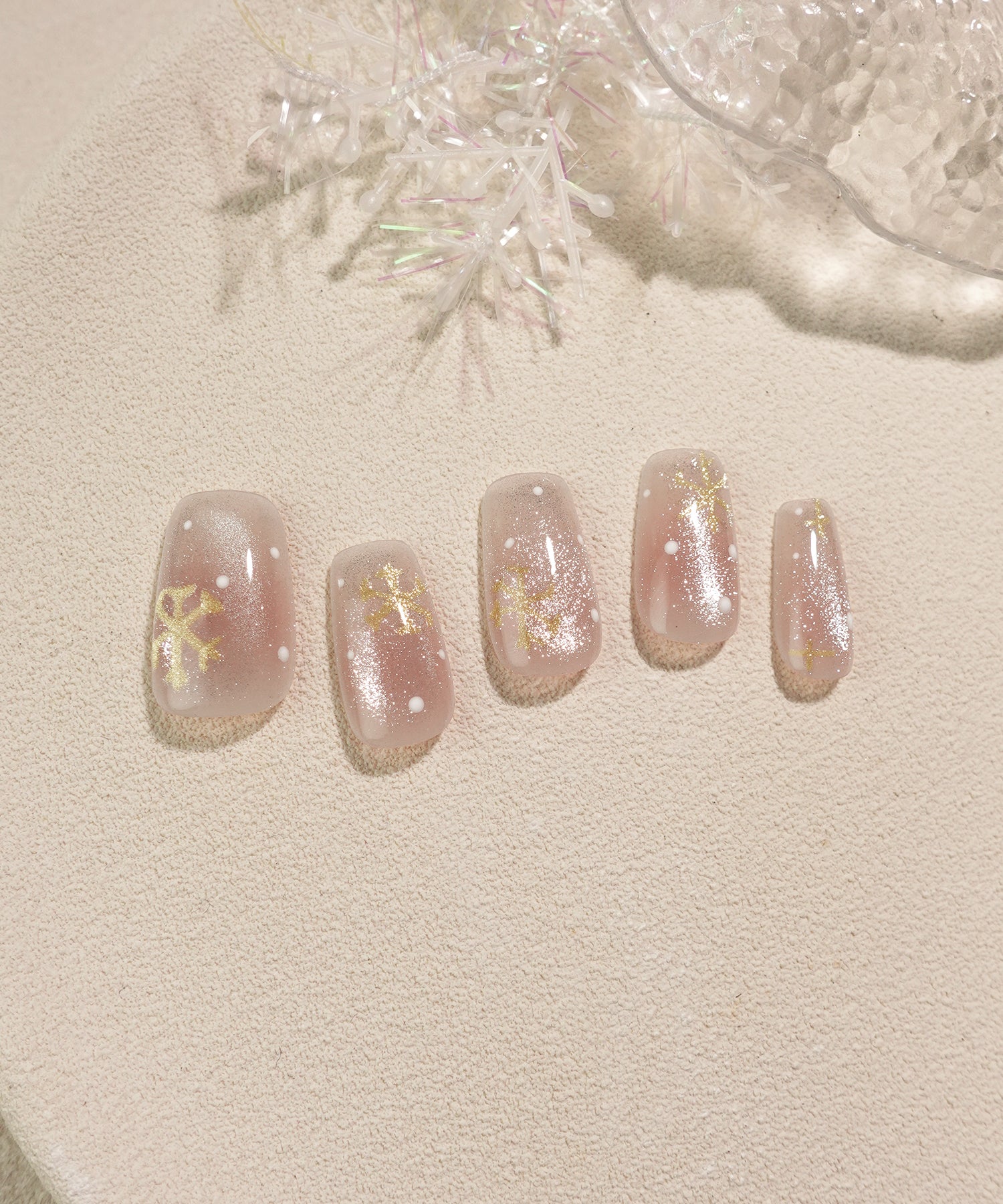 【COMING SOON】水光ネイルピンクワンカラースノーフレークドットロングバレリーナネイルチップ
