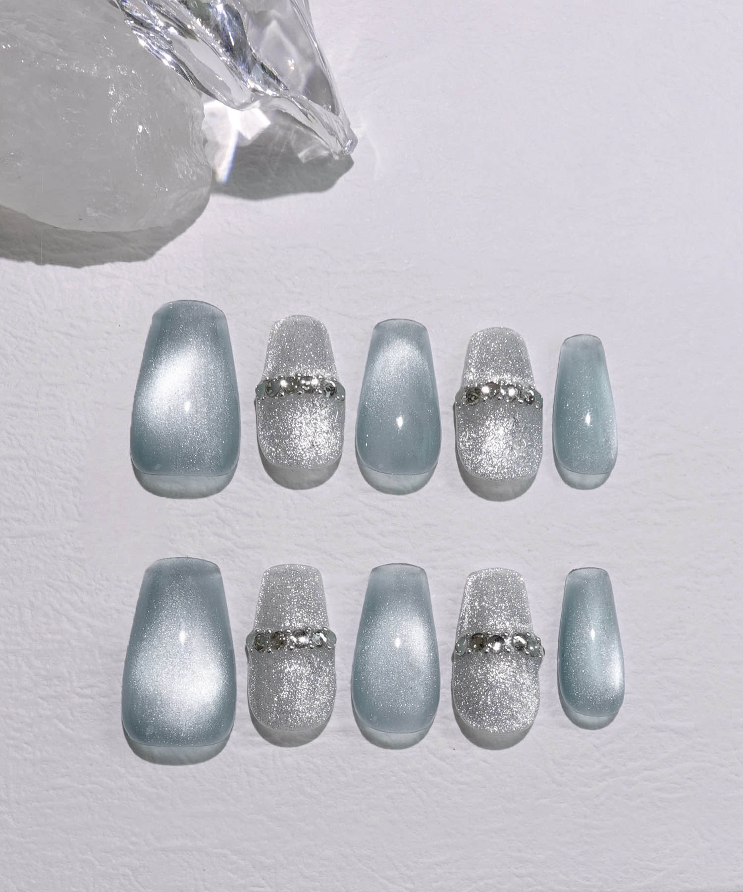 【当日発送】水光ネイルストーンシルバーブルーマグネットバレリーナネイルチップ