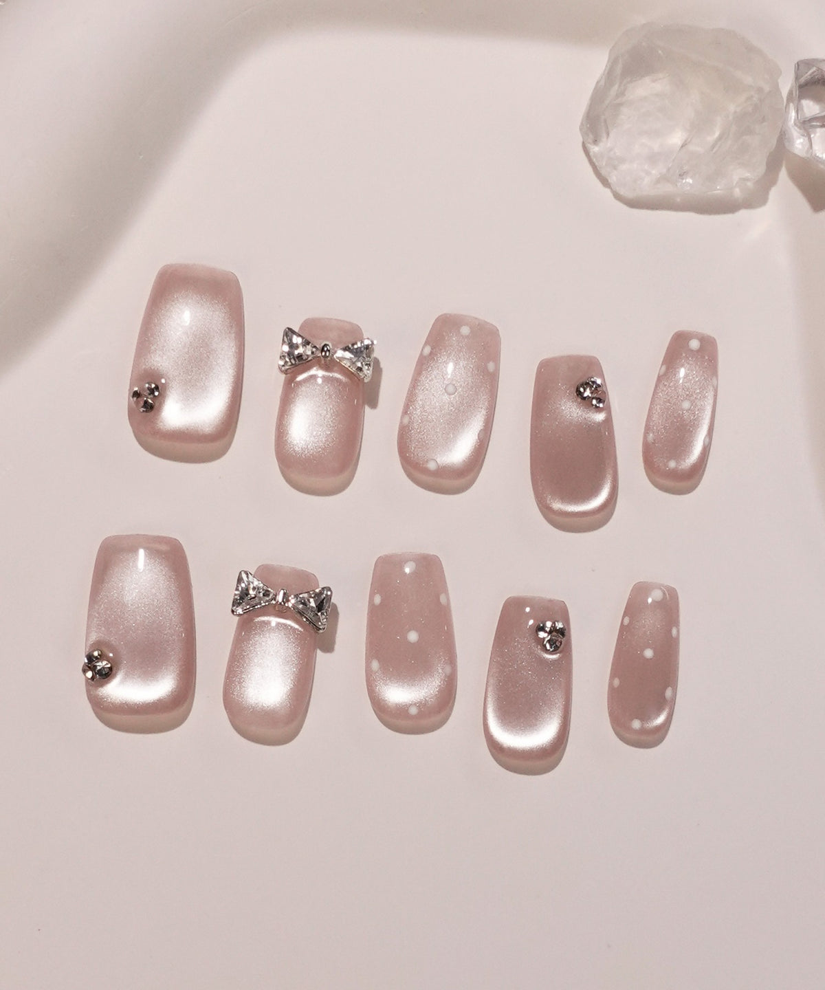 【SOLD OUT】 Water-gloss pink sheer ribbon V-cut dot square nail tips