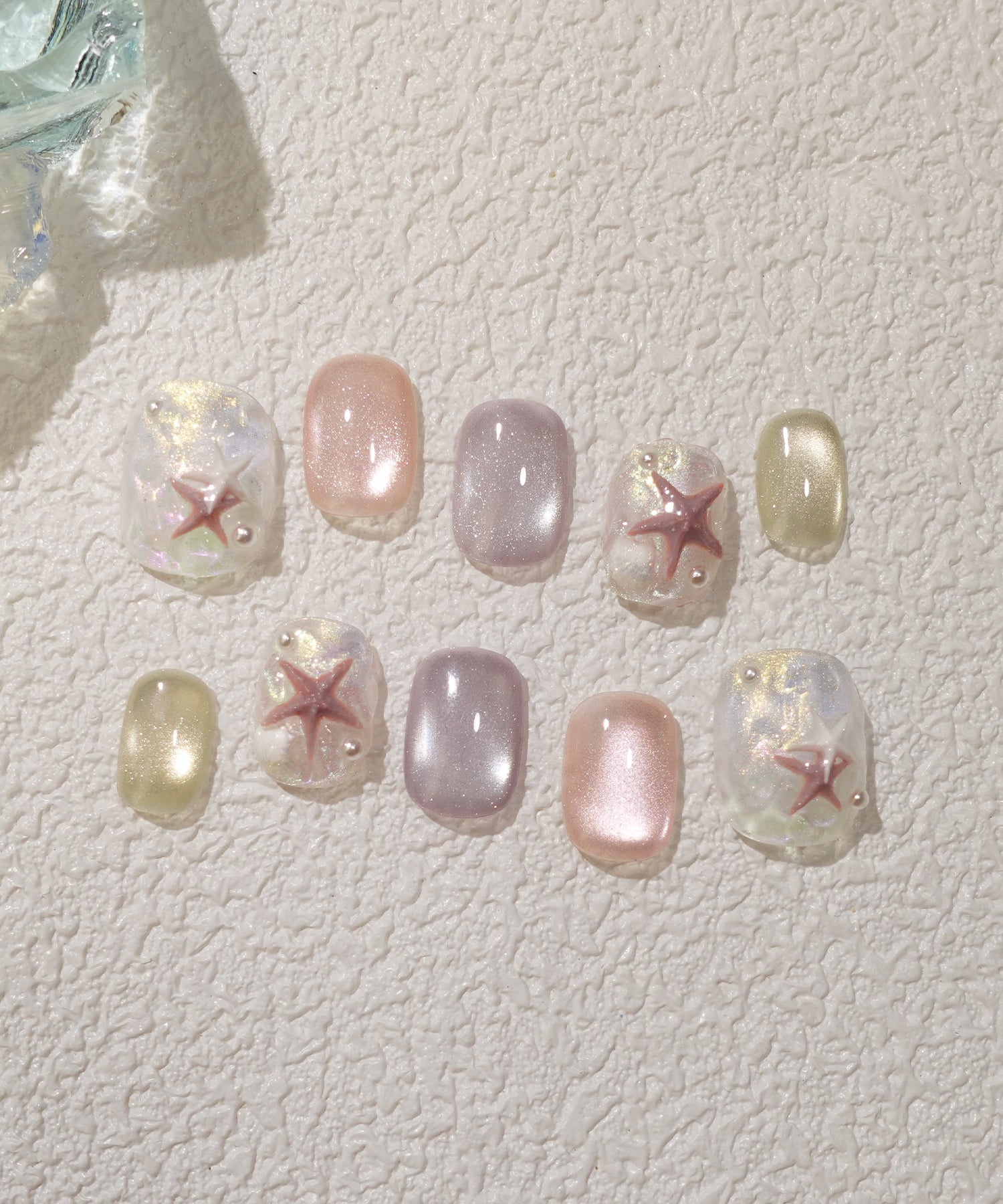 【当日発送】水光ネイルシアーカラーマグネットスターフィッシュパールショートラウンドネイルチップ