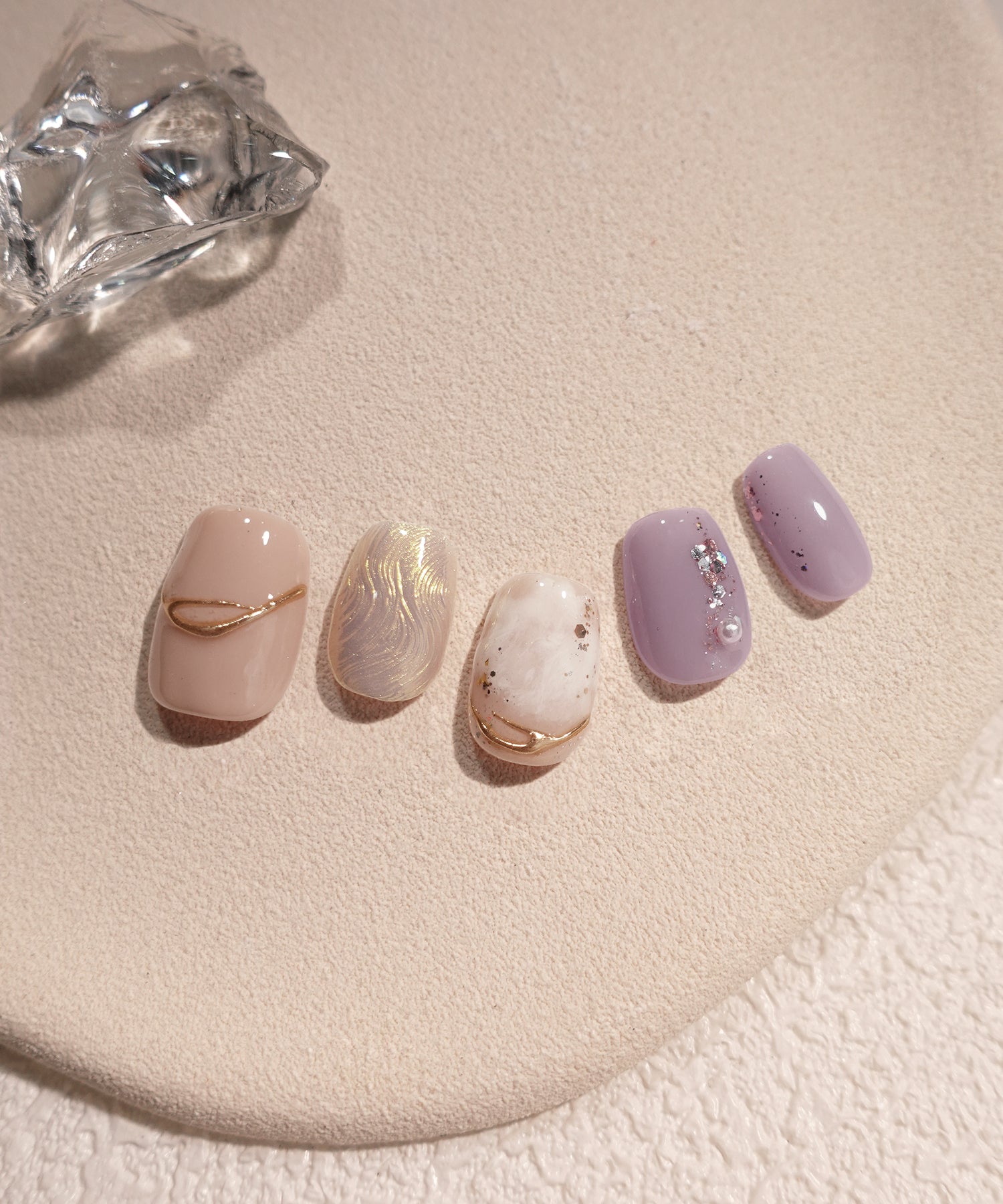 【COMING SOON】水光ネイルパープルニュアンスゴールドミラーウェーブホイルパールラメショートスクエアネイルチップ