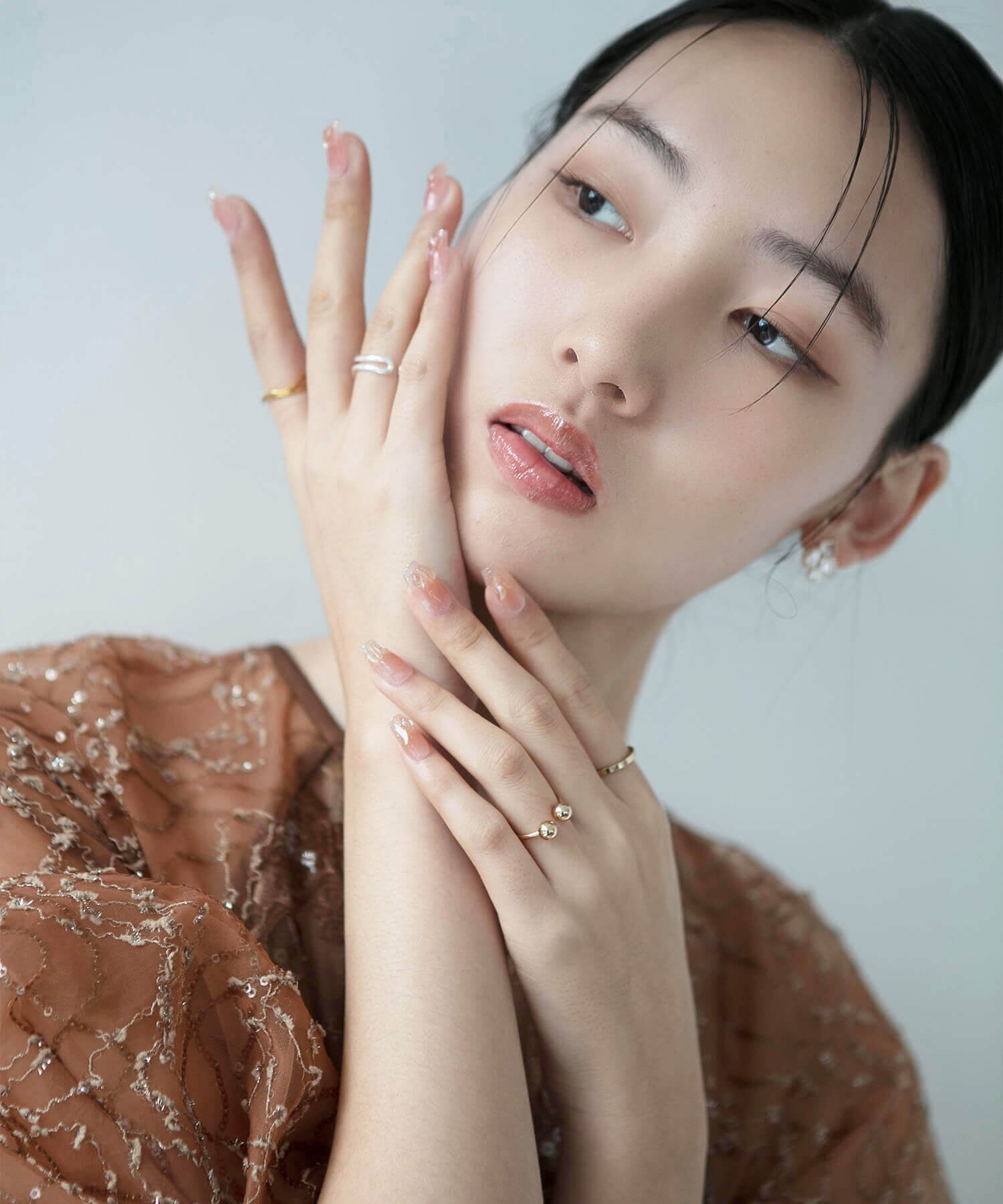 【当日発送】水光ネイルピンクオレンジチークストーンワンホンバレリーナネイルチップ