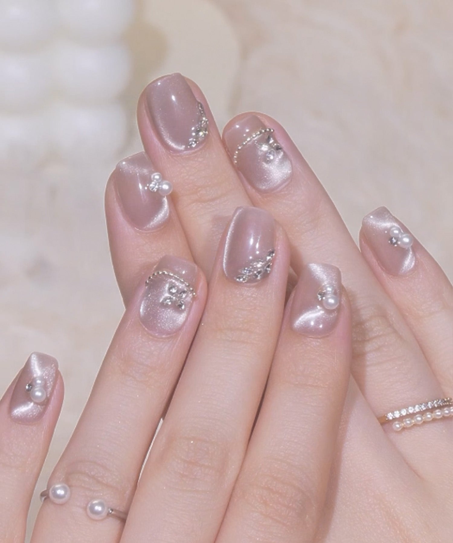 【一部当日発送】水光ネイルベージュマグネットストーンアートパールスクエアネイルチップ