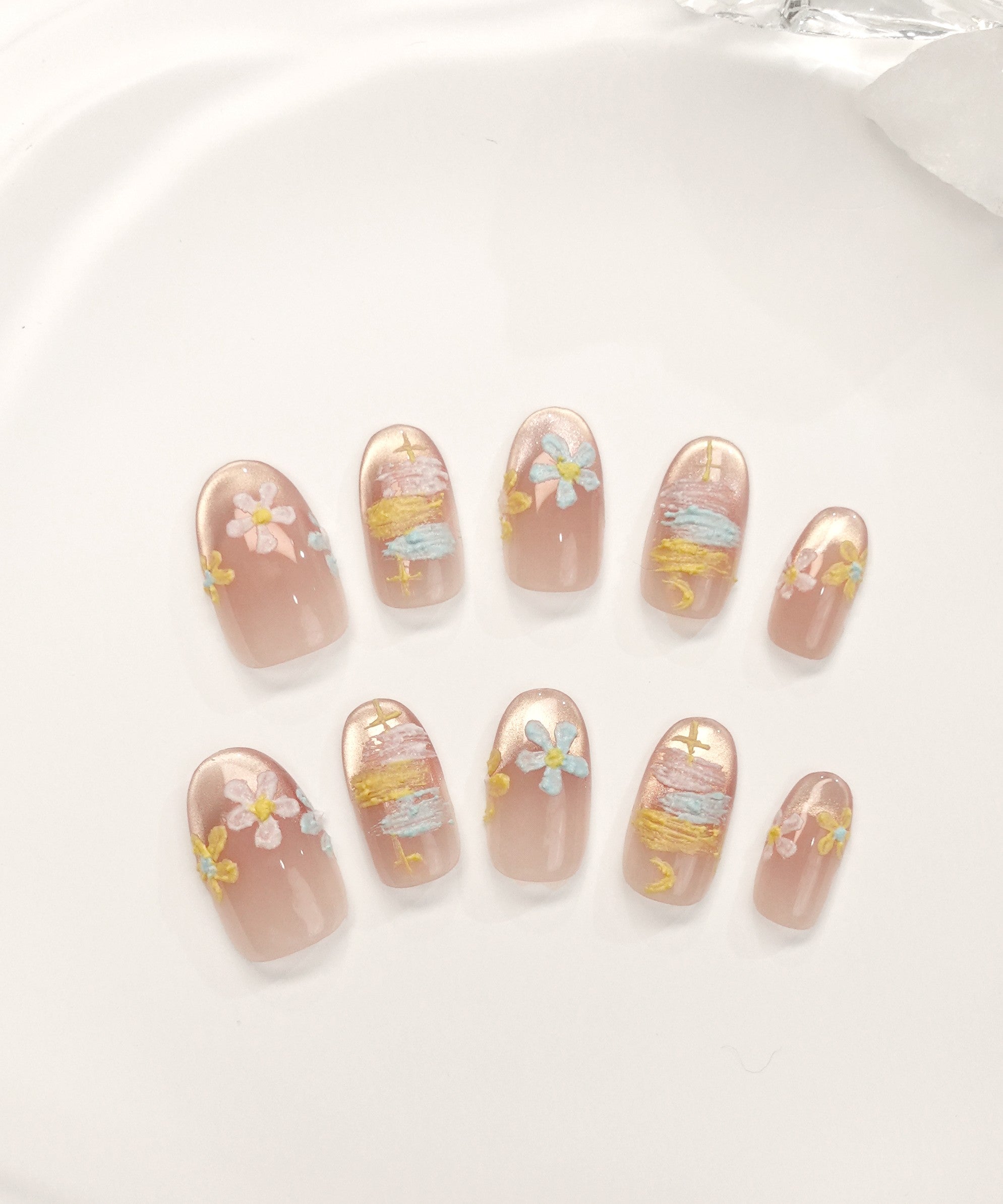 【NEW ITEM】3D水光ネイルオレンジピンクマグネットフレンチフラワープラスターカラフルアートオーバルネイルチップ
