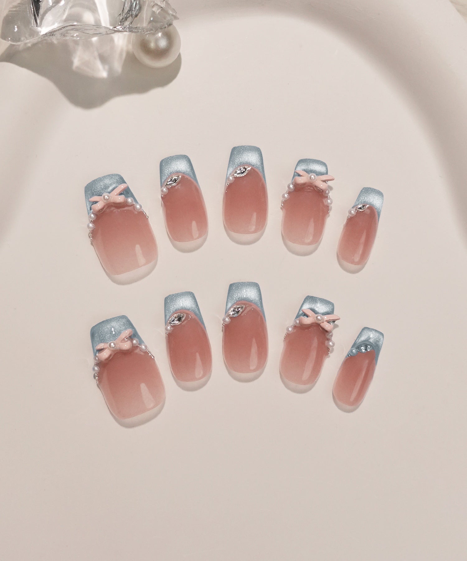 【当日発送】水光ネイルピンクリボンブルーマグネットフレンチバレリーナネイルチップ