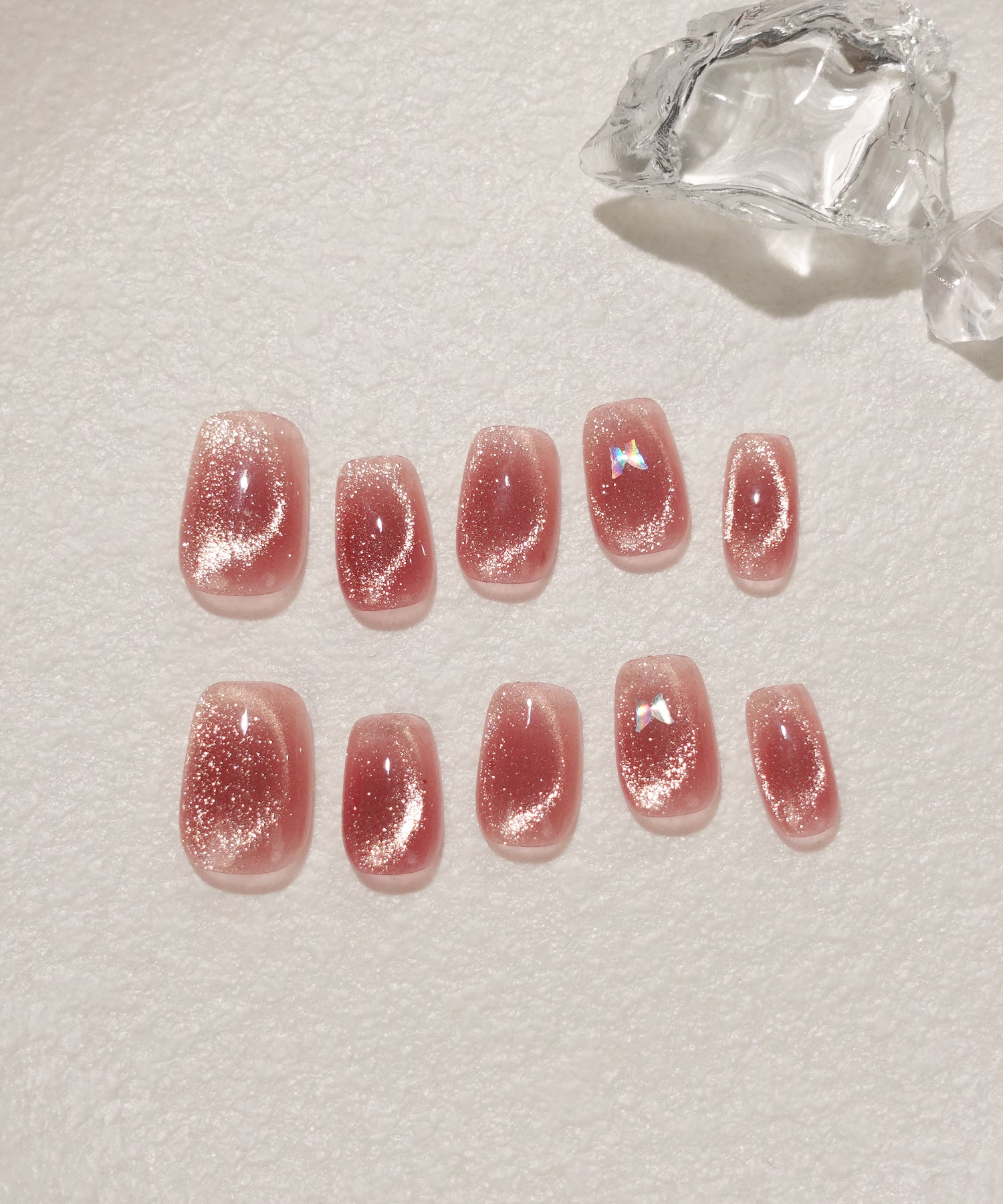 【当日発送】水光ネイルピンクゴールドマグネットバタフライショートワンカラースクエアネイルチップ