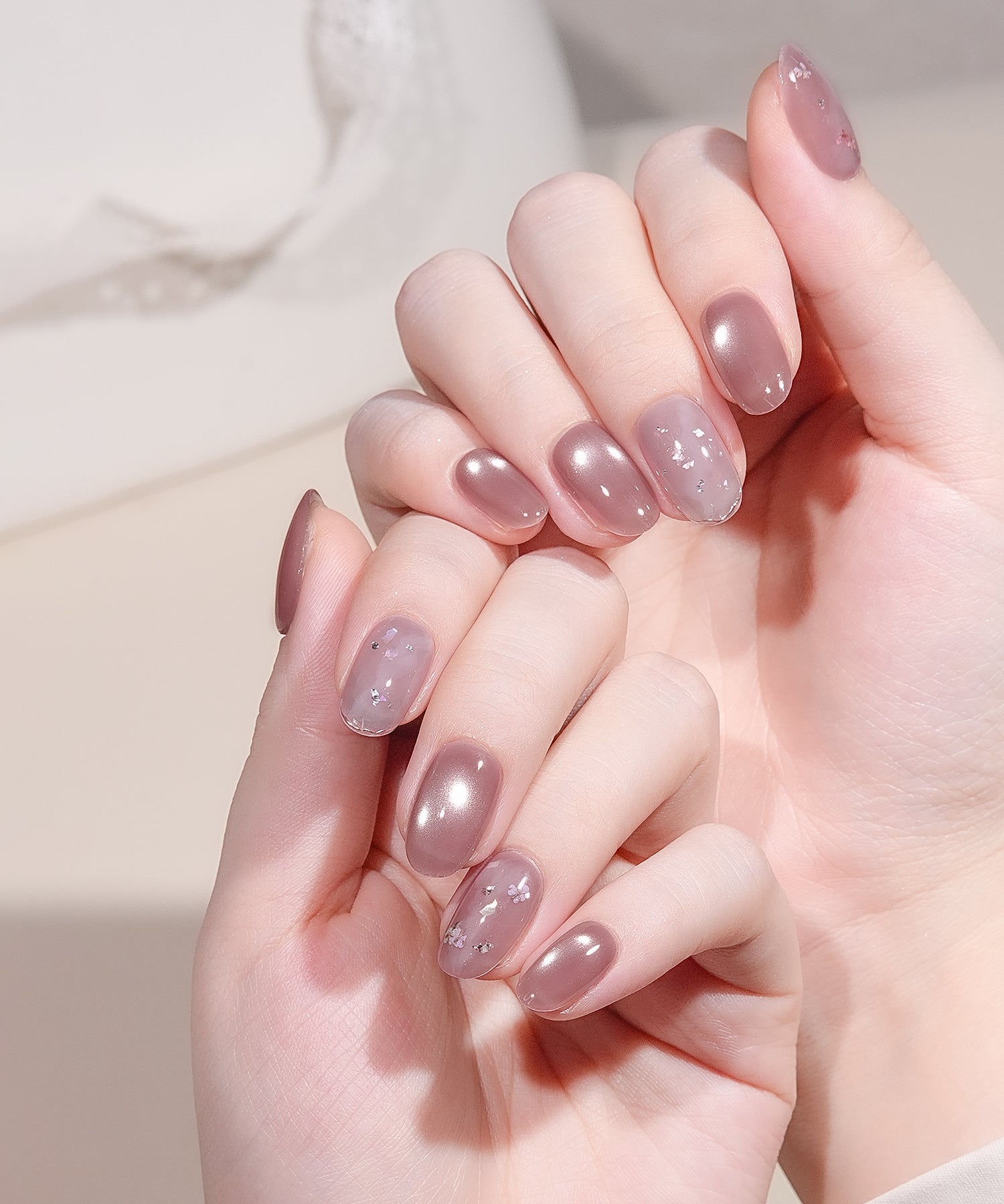 【当日発送】水光ネイルパープルマグネットゴールドミラーラインフラワーライクオーバルネイルチップ