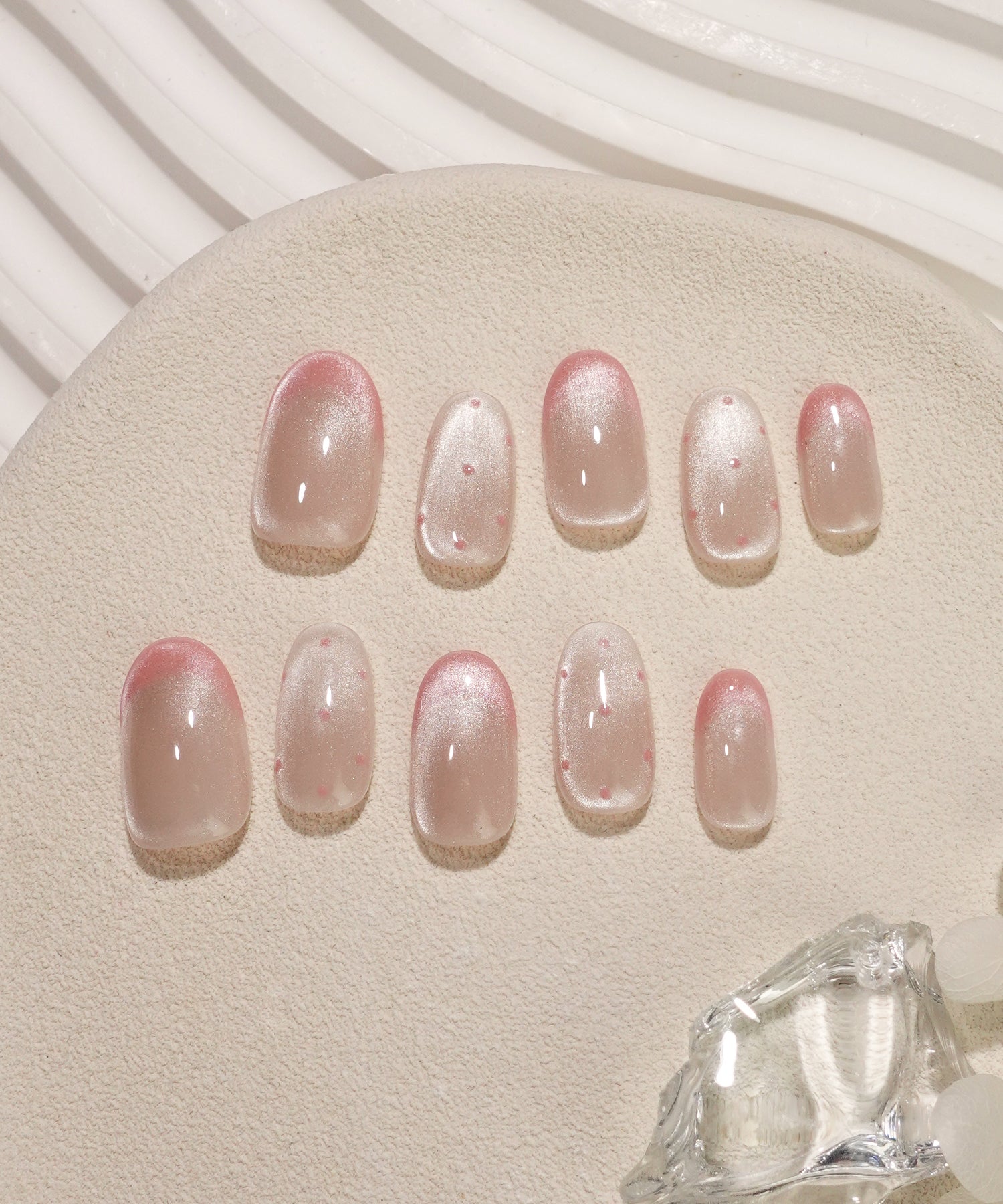 【一部当日発送】水光ネイルピンクマグネットフレンチドットオーバルネイルチップ