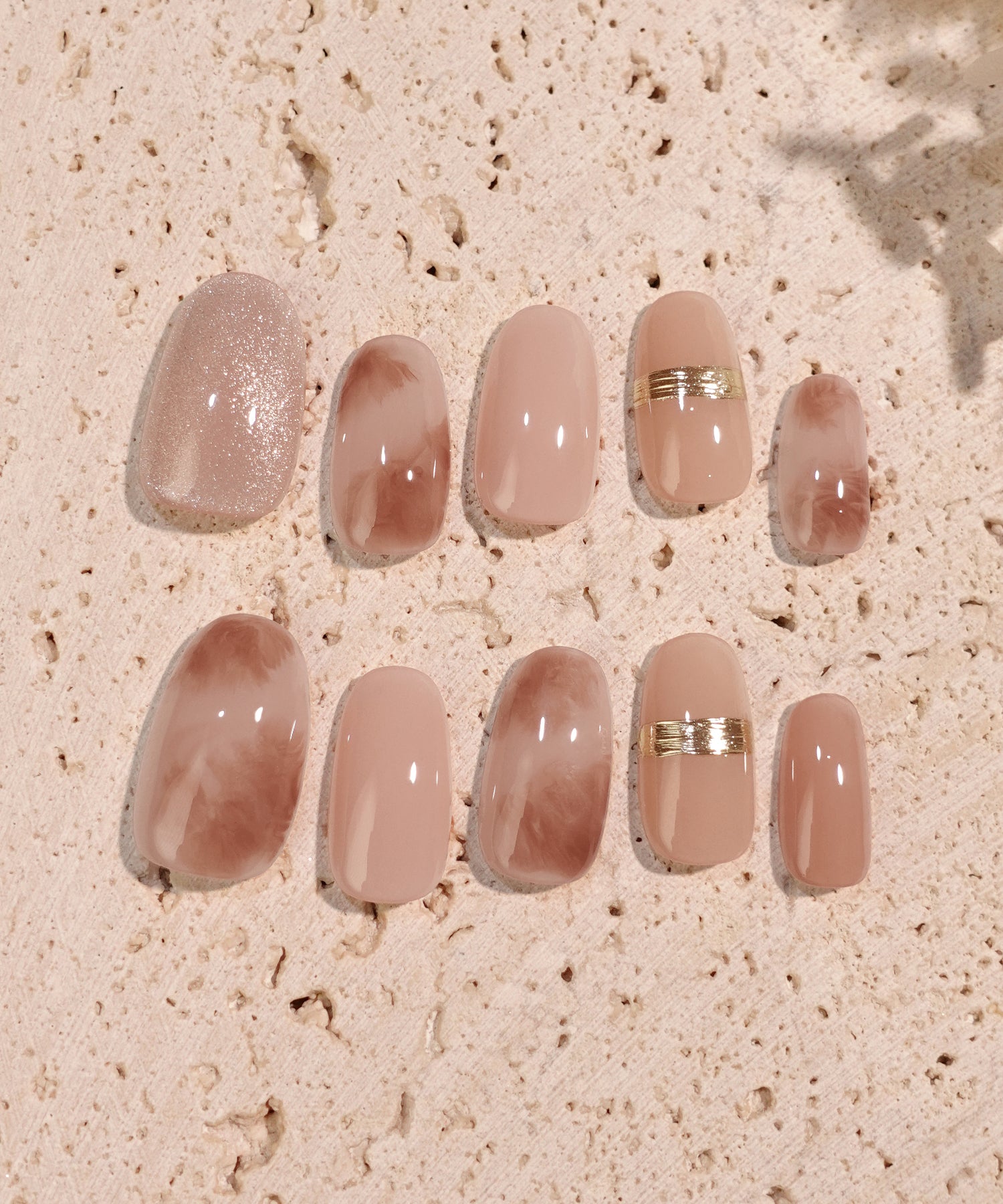 水光ネイルピンクニュアンスゴールドミラーマグネットオーバルネイルチップ