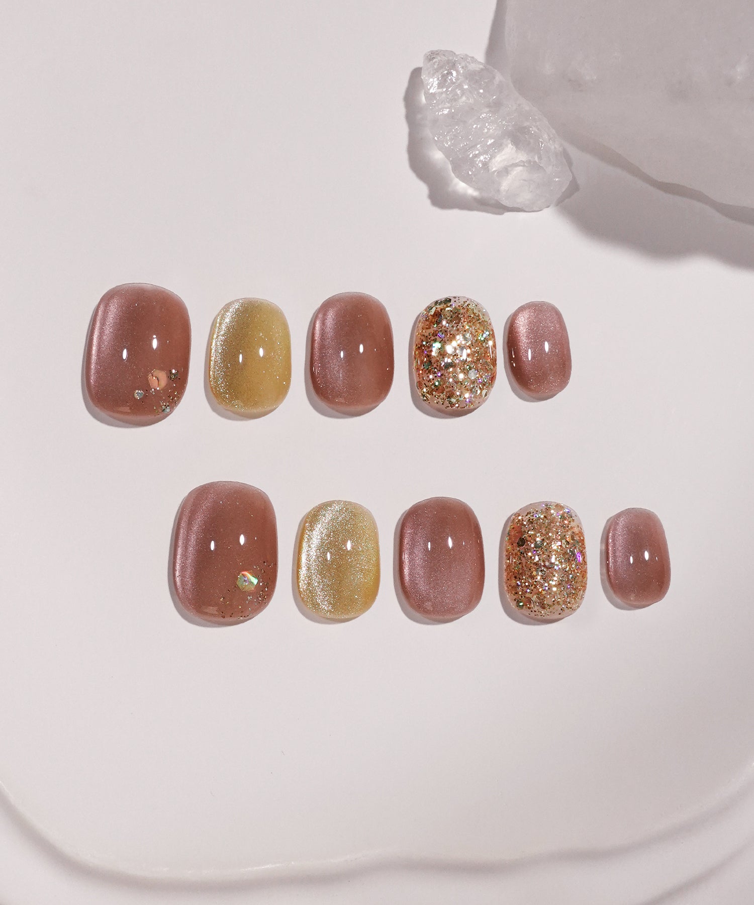 【当日発送】水光ネイルピンクゴールドマグネットグリッターホログラムショートラウンドネイルチップ
