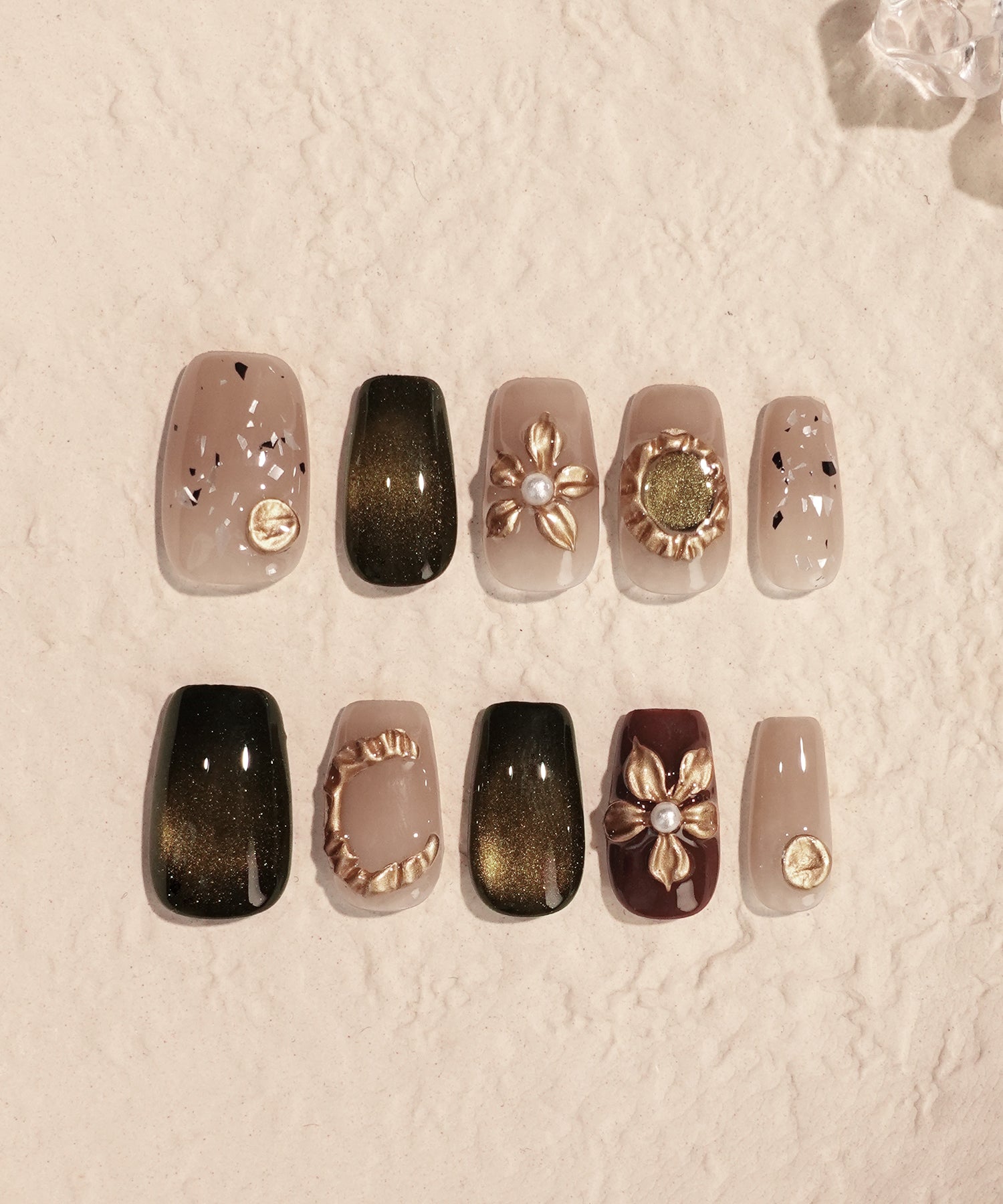 【当日発送】水光ネイルブラウンゴールドマグネットフラワーパーツパールスクエアネイルチップ