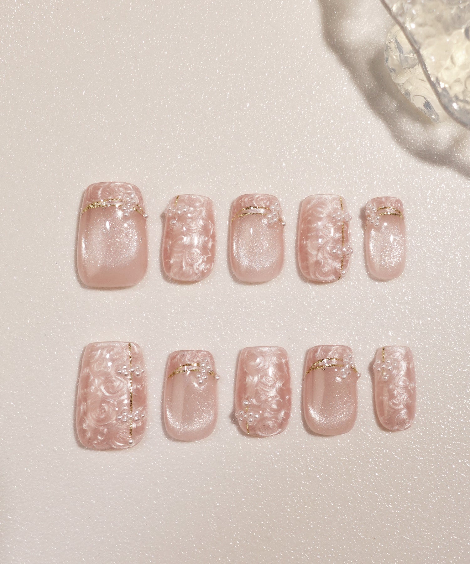 【一部当日発送】水光ネイルピンクマグネットジェムストーンパールアートショートスクエアネイルチップ