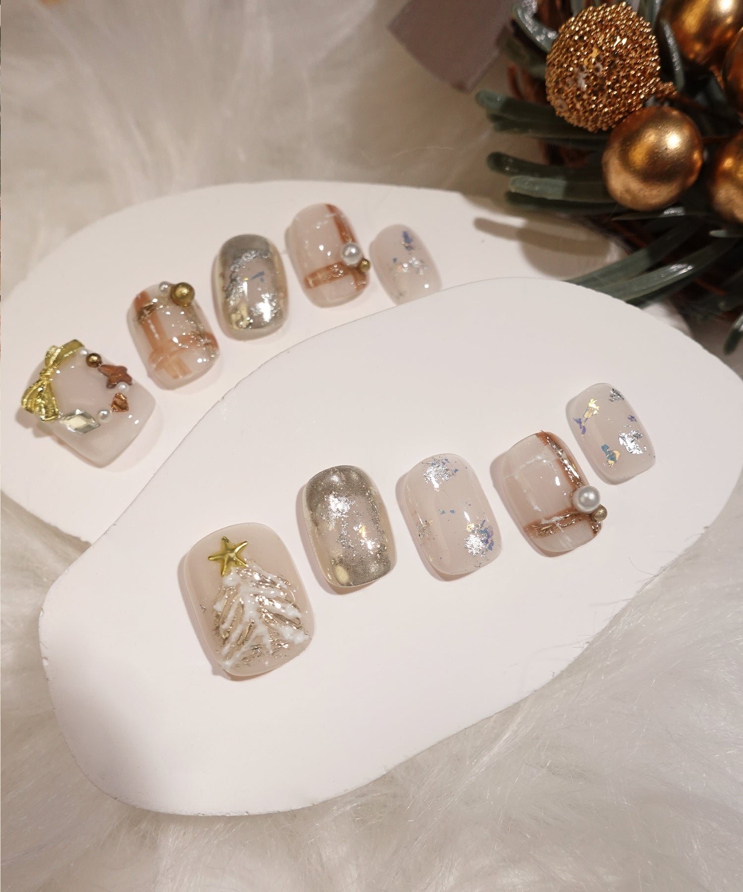 【当日発送】水光ネイルミルキーホワイトチェックミラークリスマスショートスクエアネイルチップ